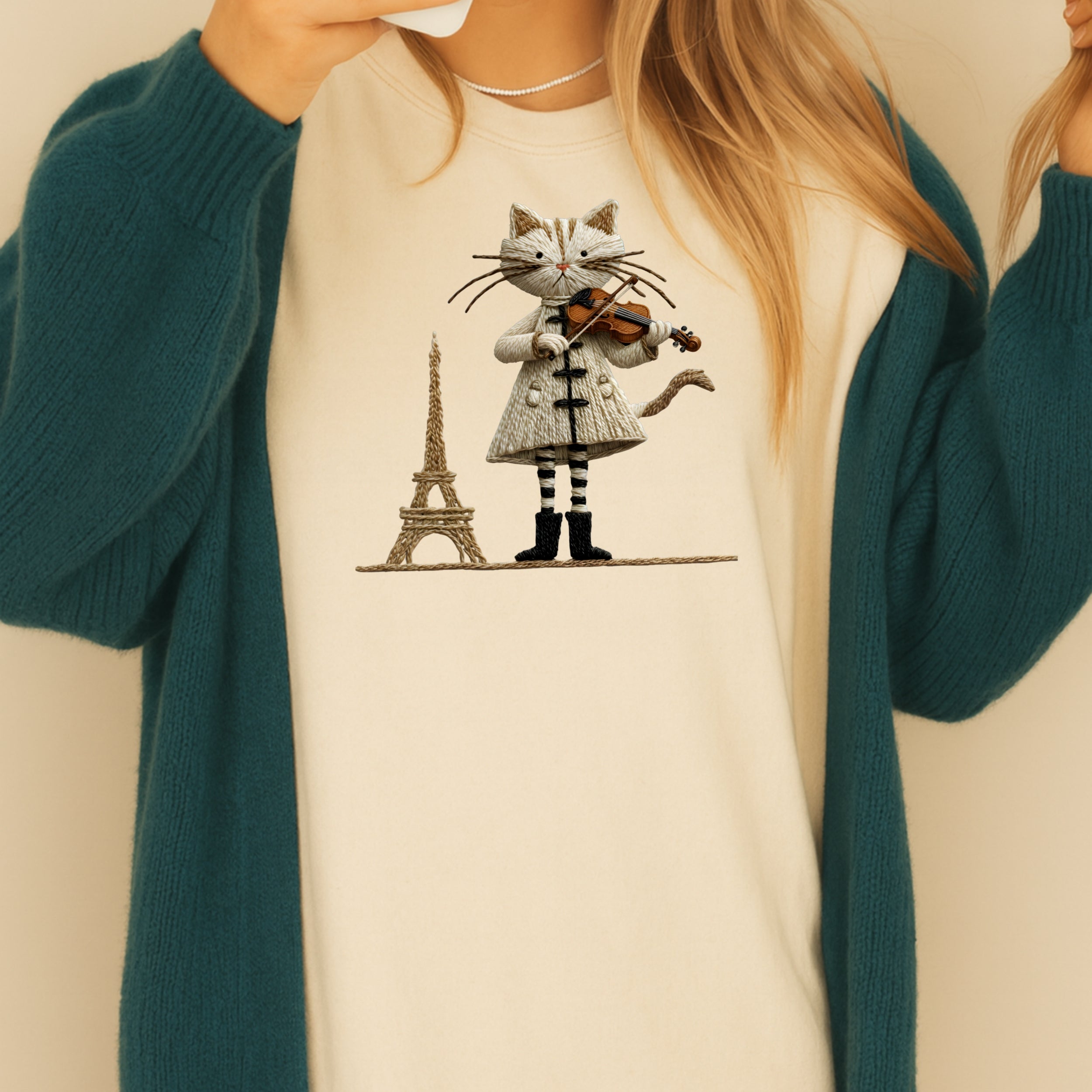 Cute Cat Playing Violin Eiffel Tower Graphic Shirt
