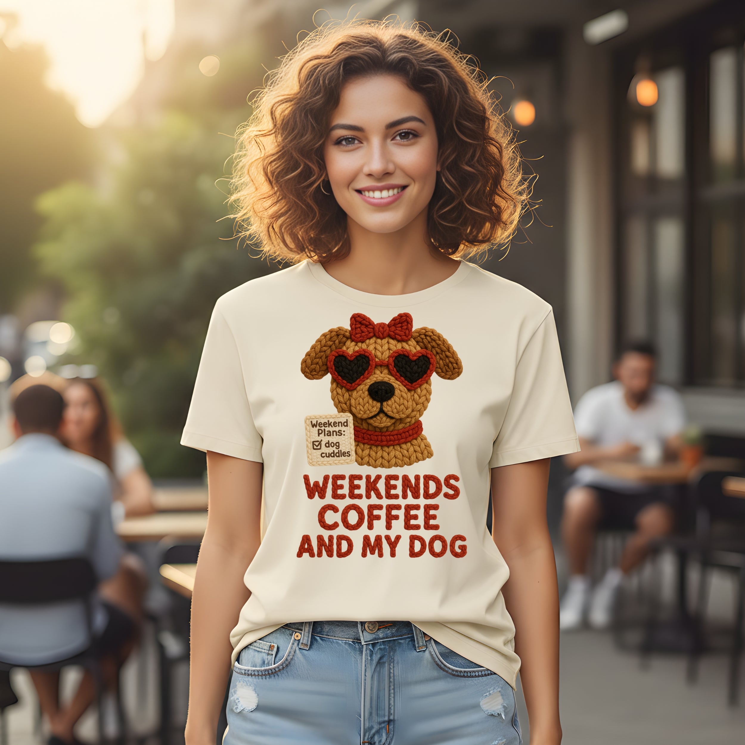 Woman wearing a t-shirt with text "Weekends Coffee and my Dog".