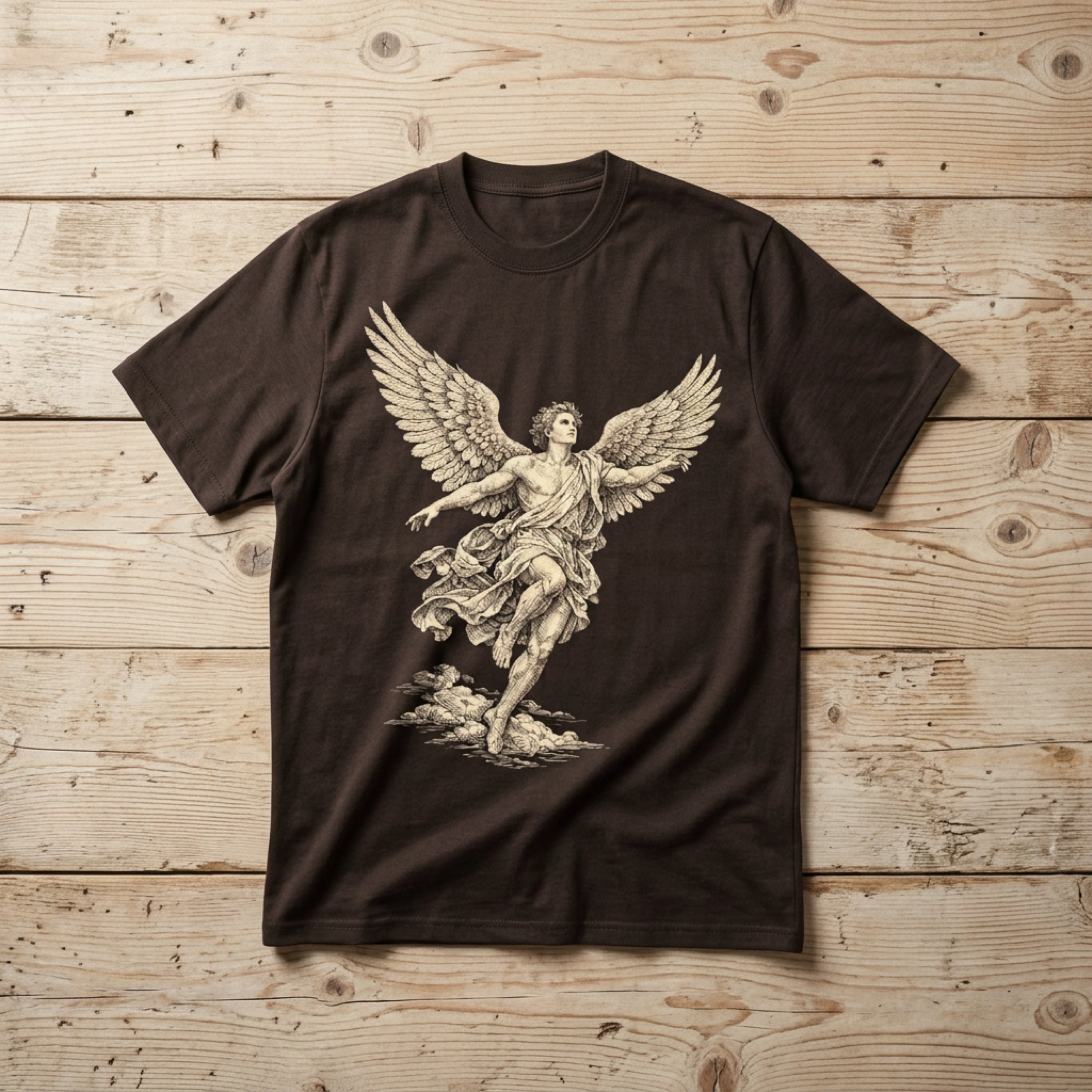 Dark brown t-shirt with a detailed illustration of a winged angelic figure descending.