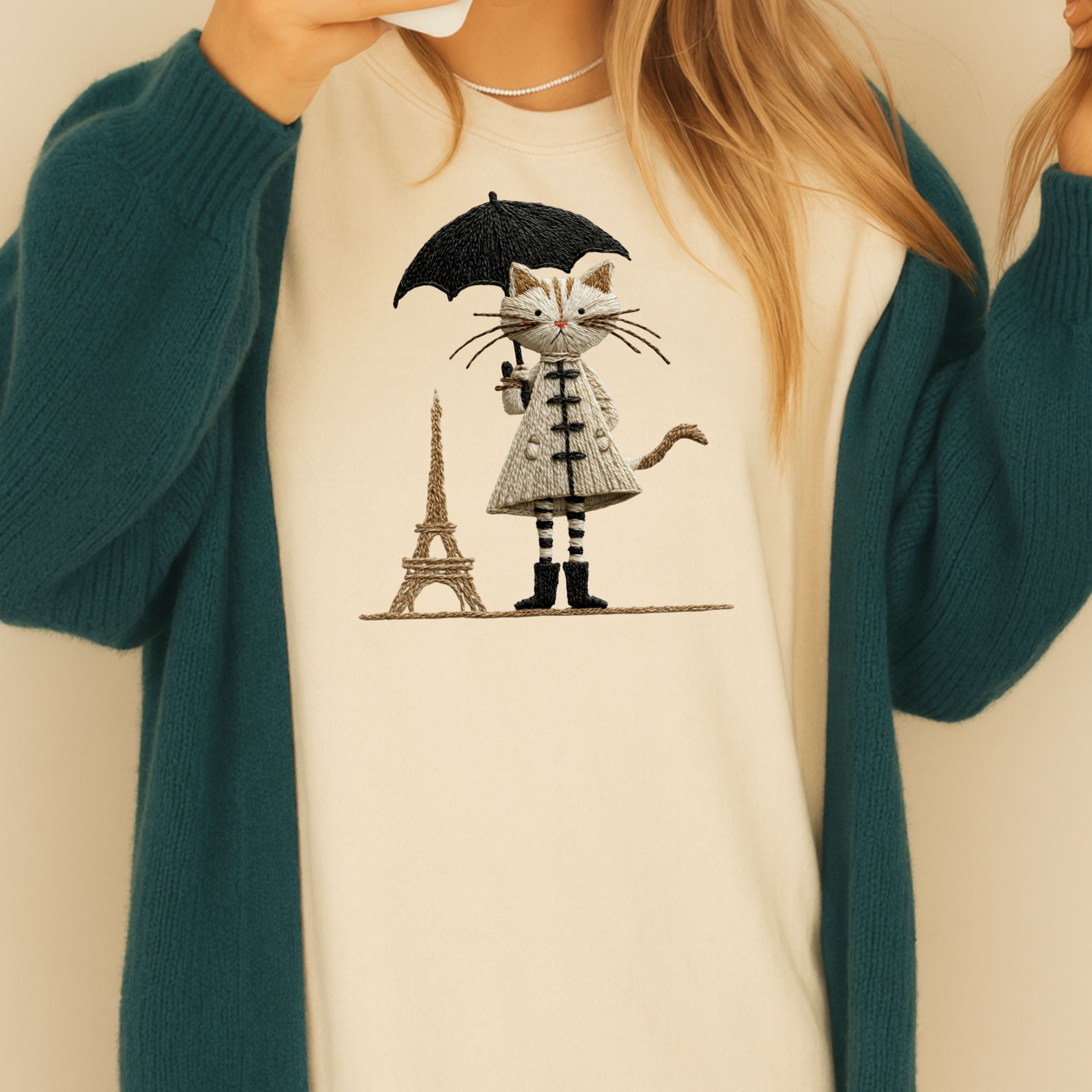 Cat with Umbrella Paris Eiffel Tower Art T-shirt