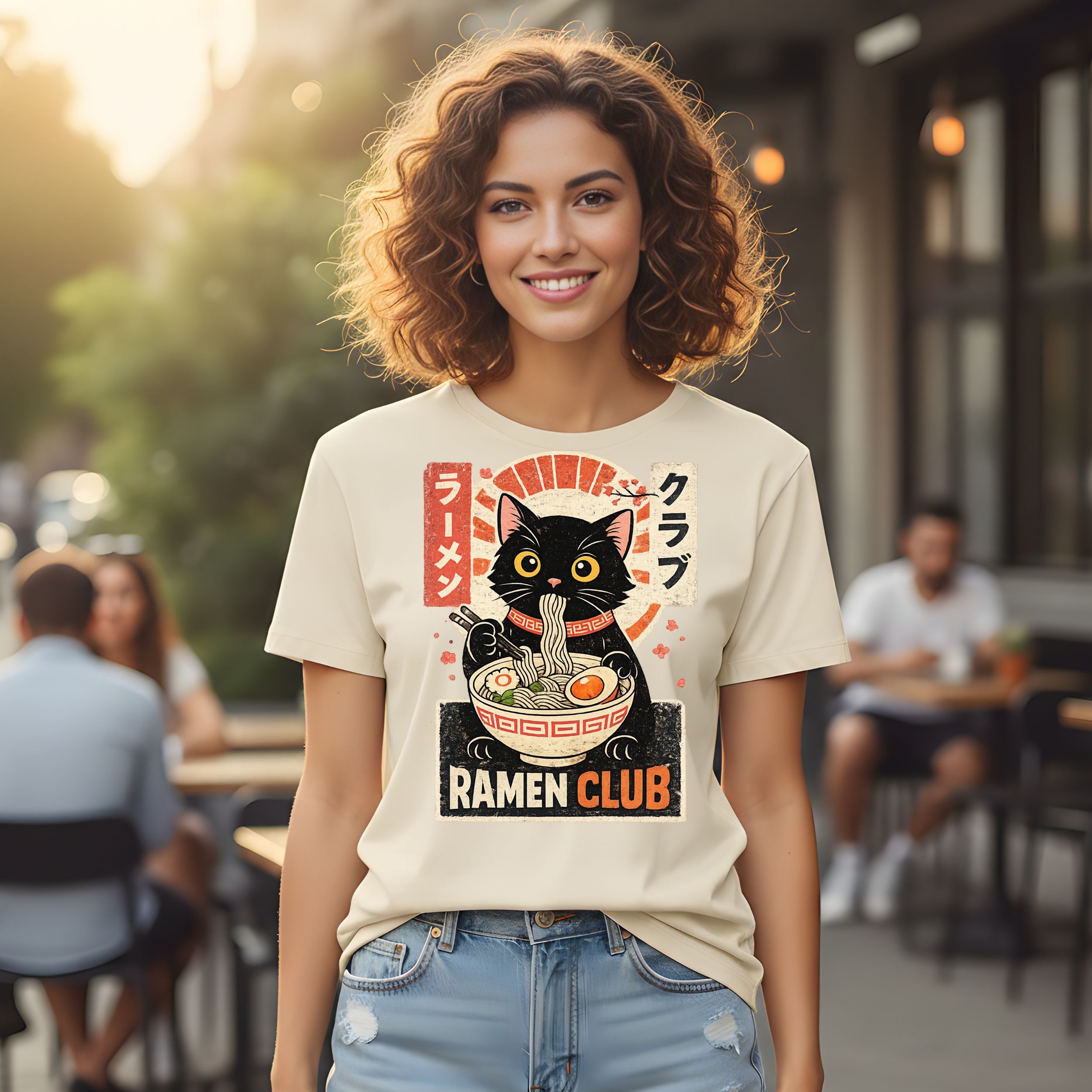 Cute Black Cat Ramen Club Graphic T-Shirt Design