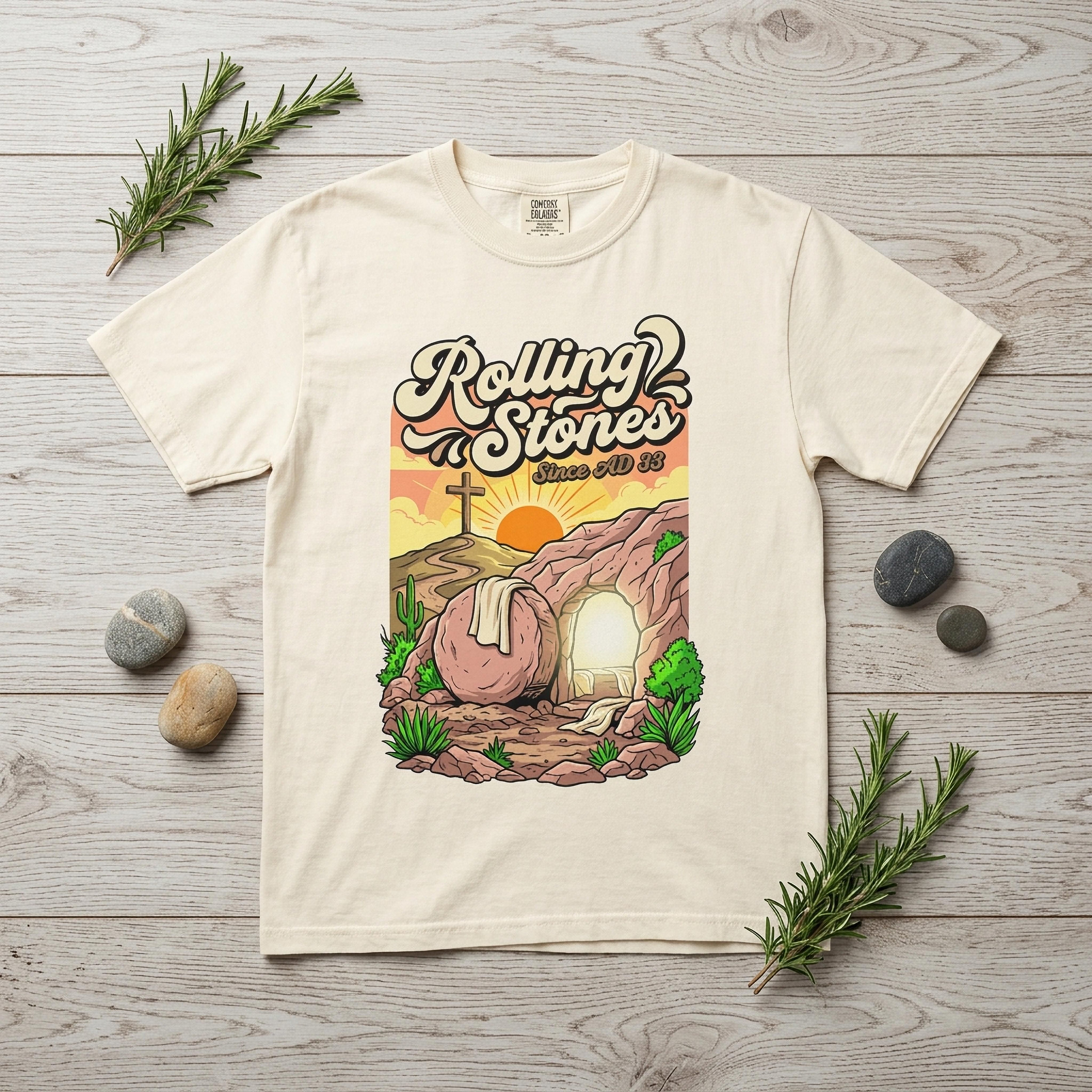 Rolling Stones Since AD 33 graphic on a cream t-shirt.