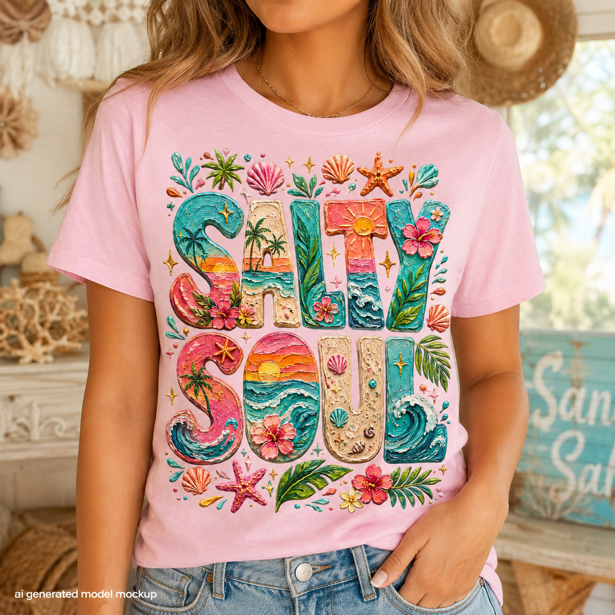 Pink t-shirt with "Salty Soul" in colorful, decorative text featuring beach scenes.