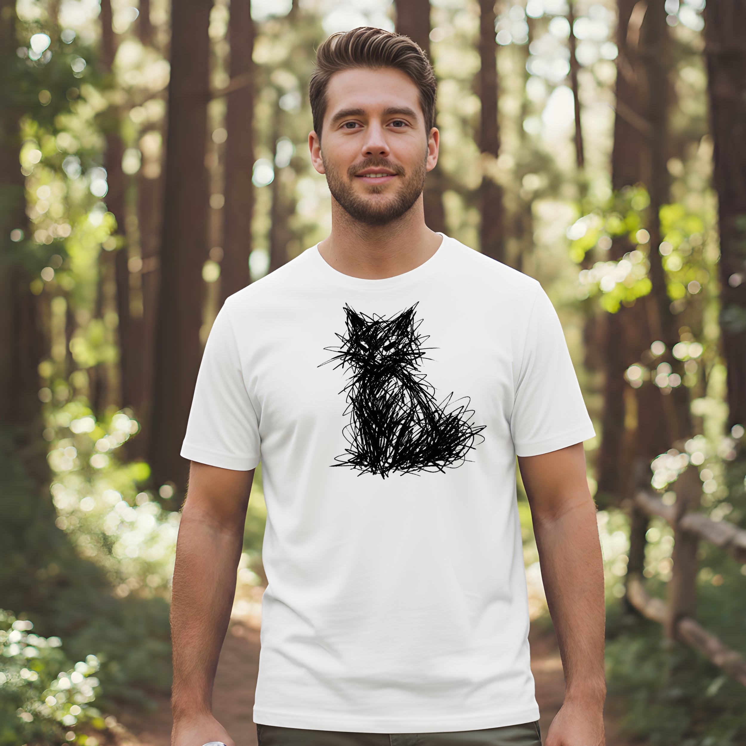 Scribble Art Cat Design on White T-Shirt