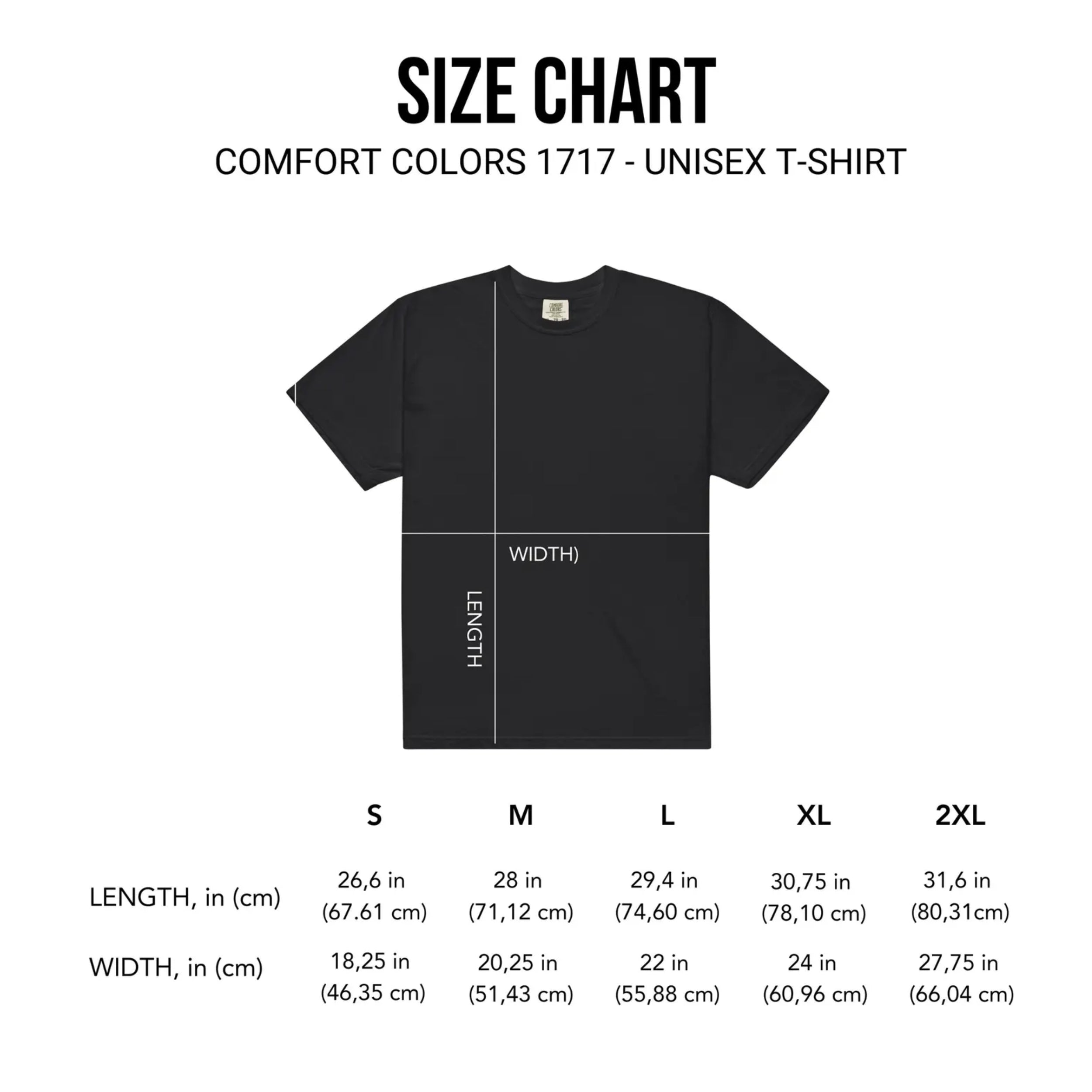 Comfort Colors 1717 unisex t-shirt size chart with length and width measurements.