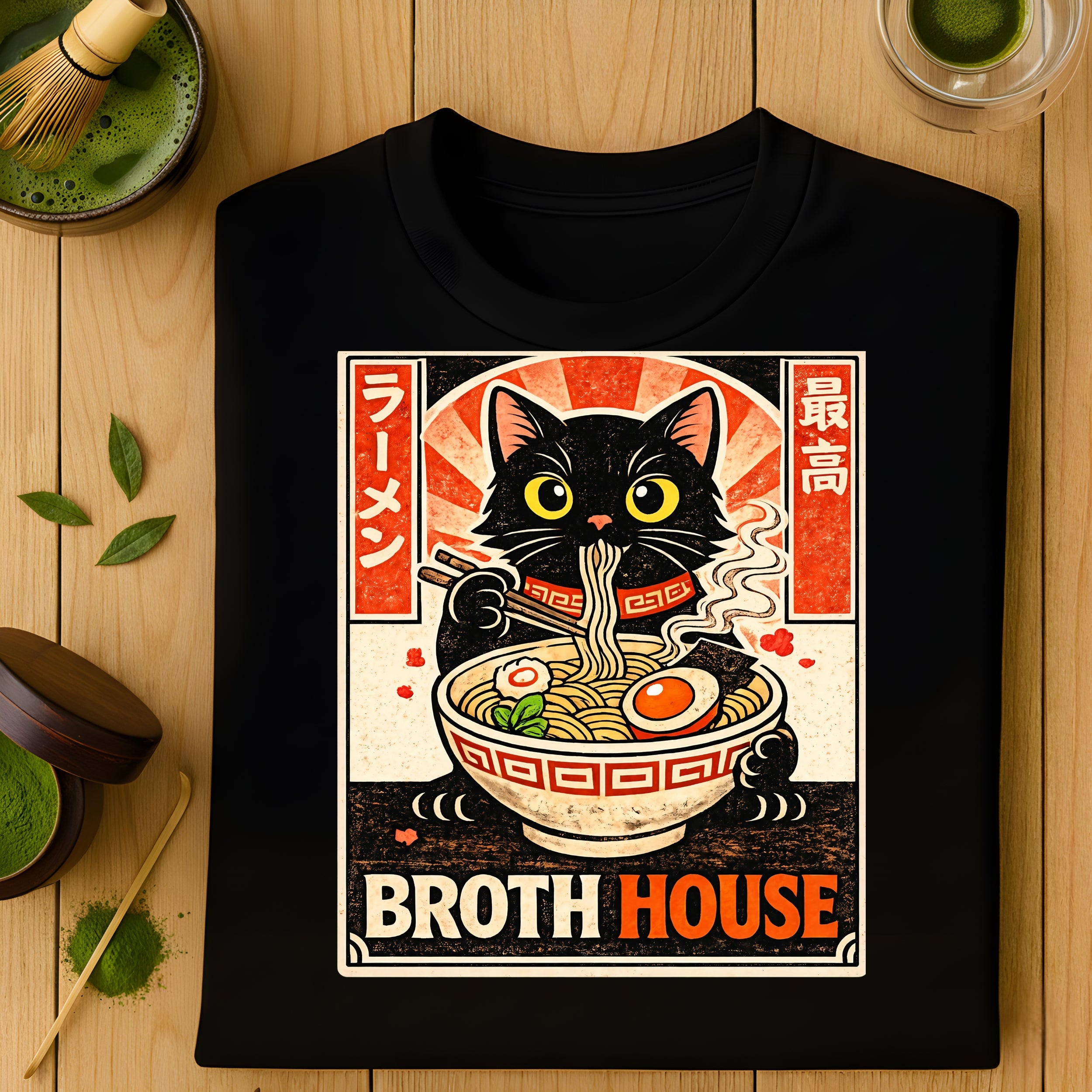 Cute Cat Eating Ramen Broth House Graphic T-Shirt