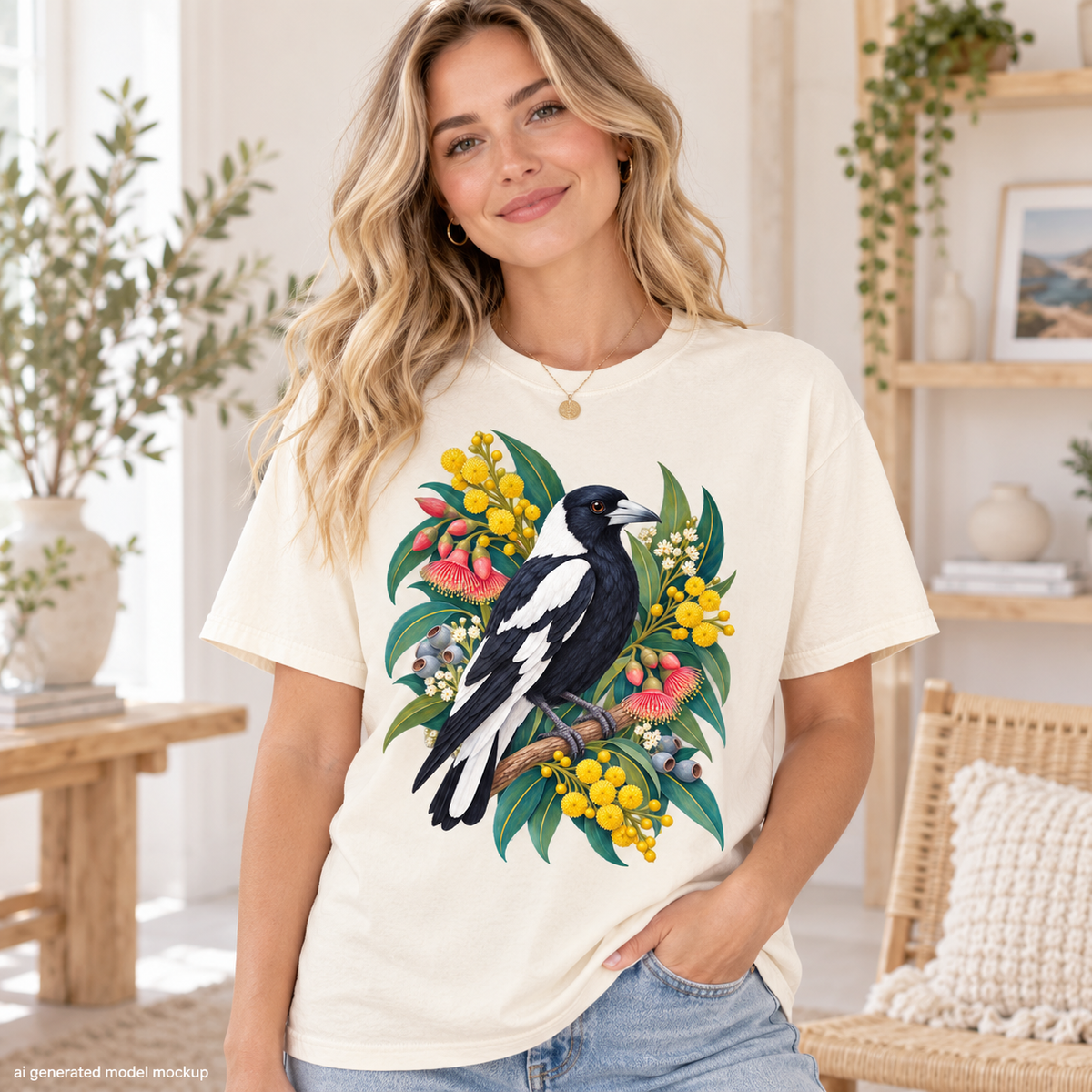 A smiling blonde woman wearing a cream-colored t-shirt printed with a magpie among leaves and flowers.