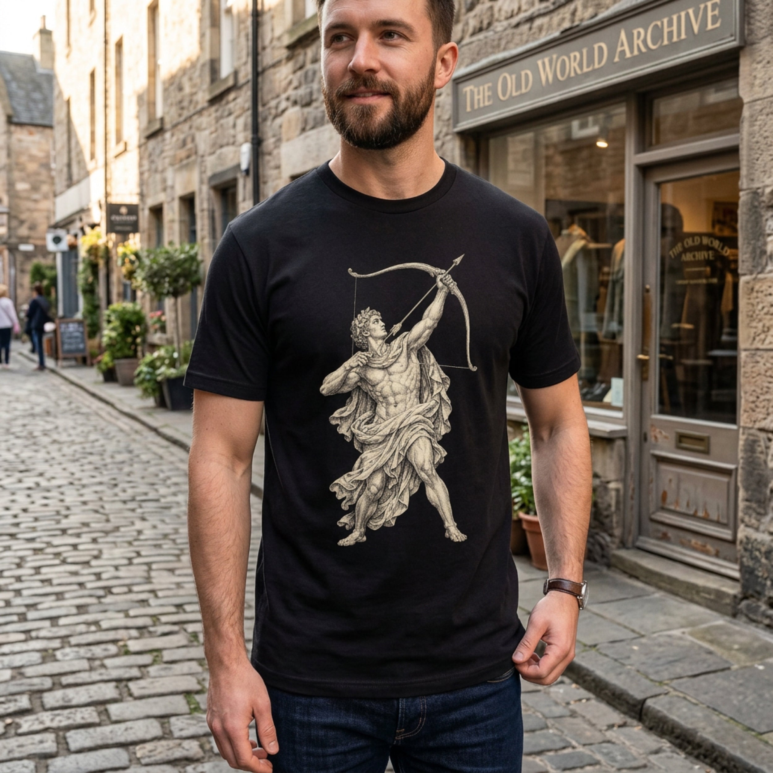 Black t-shirt with a light-colored graphic of a man drawing a bow.
