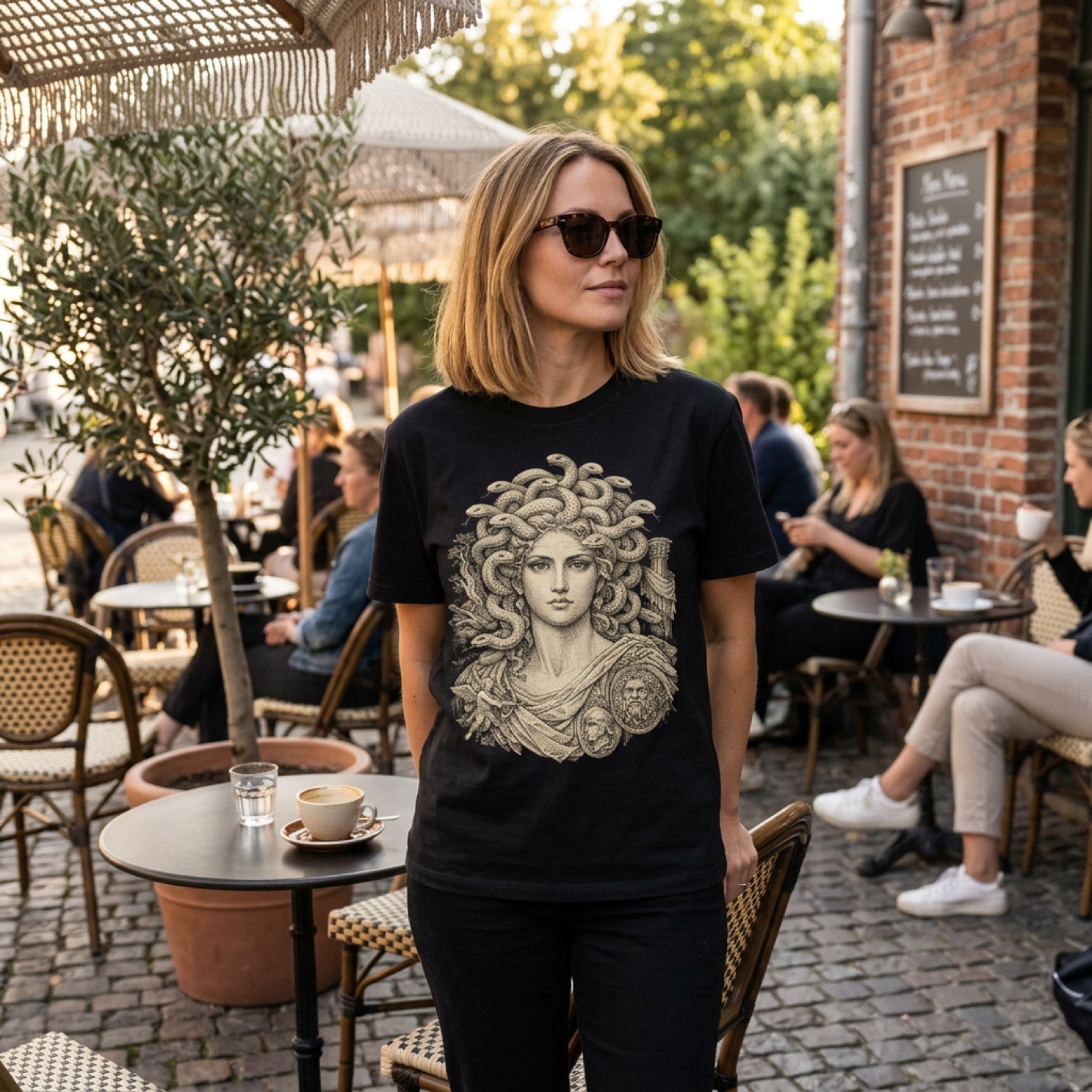 Black t-shirt with a black and white Medusa graphic design.