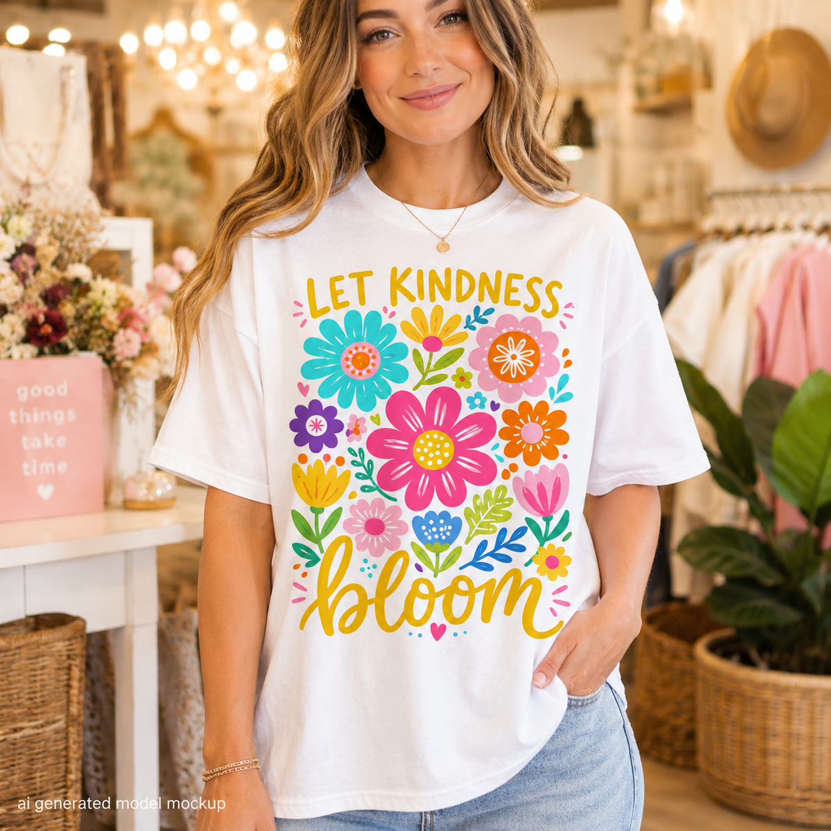 White t-shirt with "LET KINDNESS bloom" text and colorful floral design.