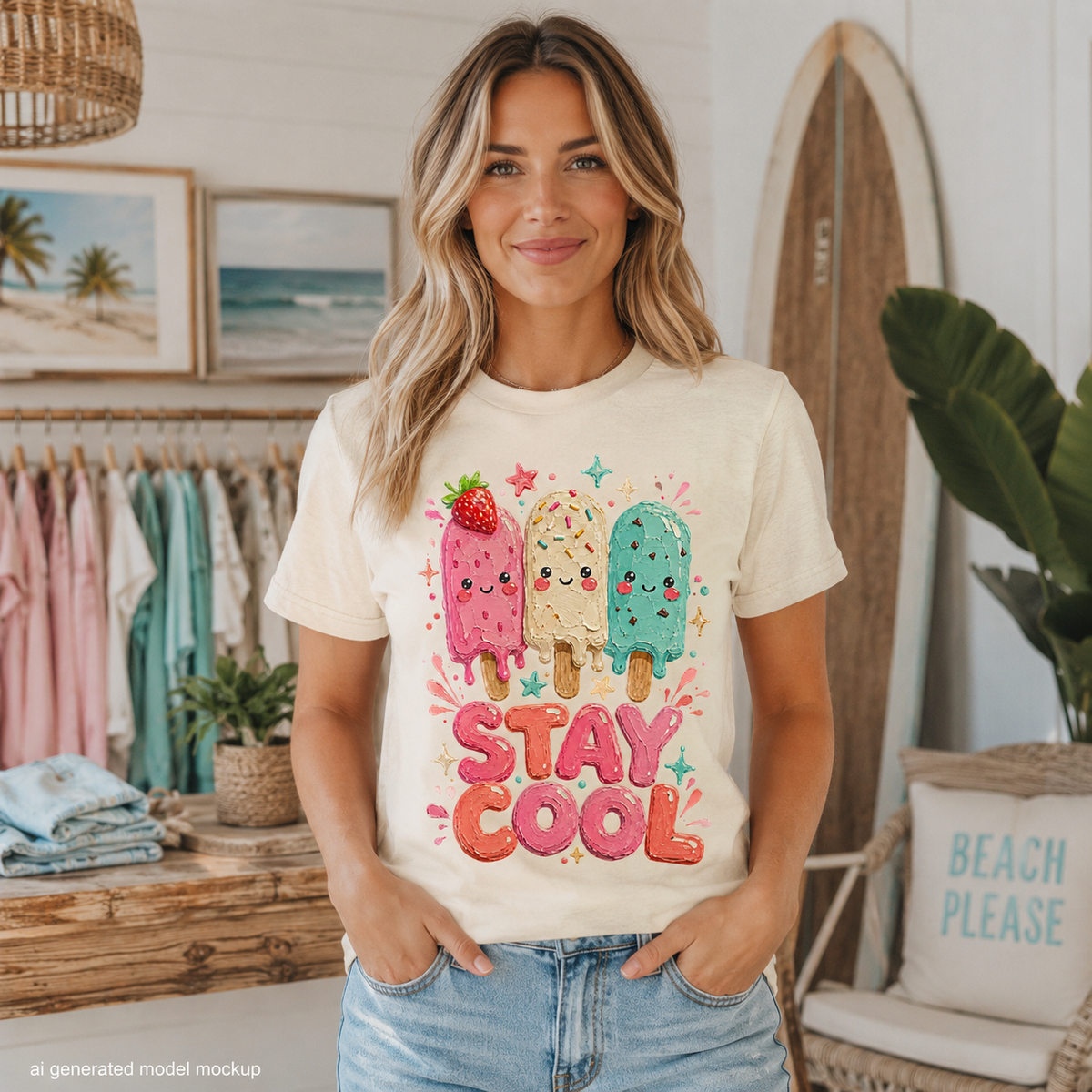 Cream t-shirt with "STAY COOL" text and cartoon popsicles.