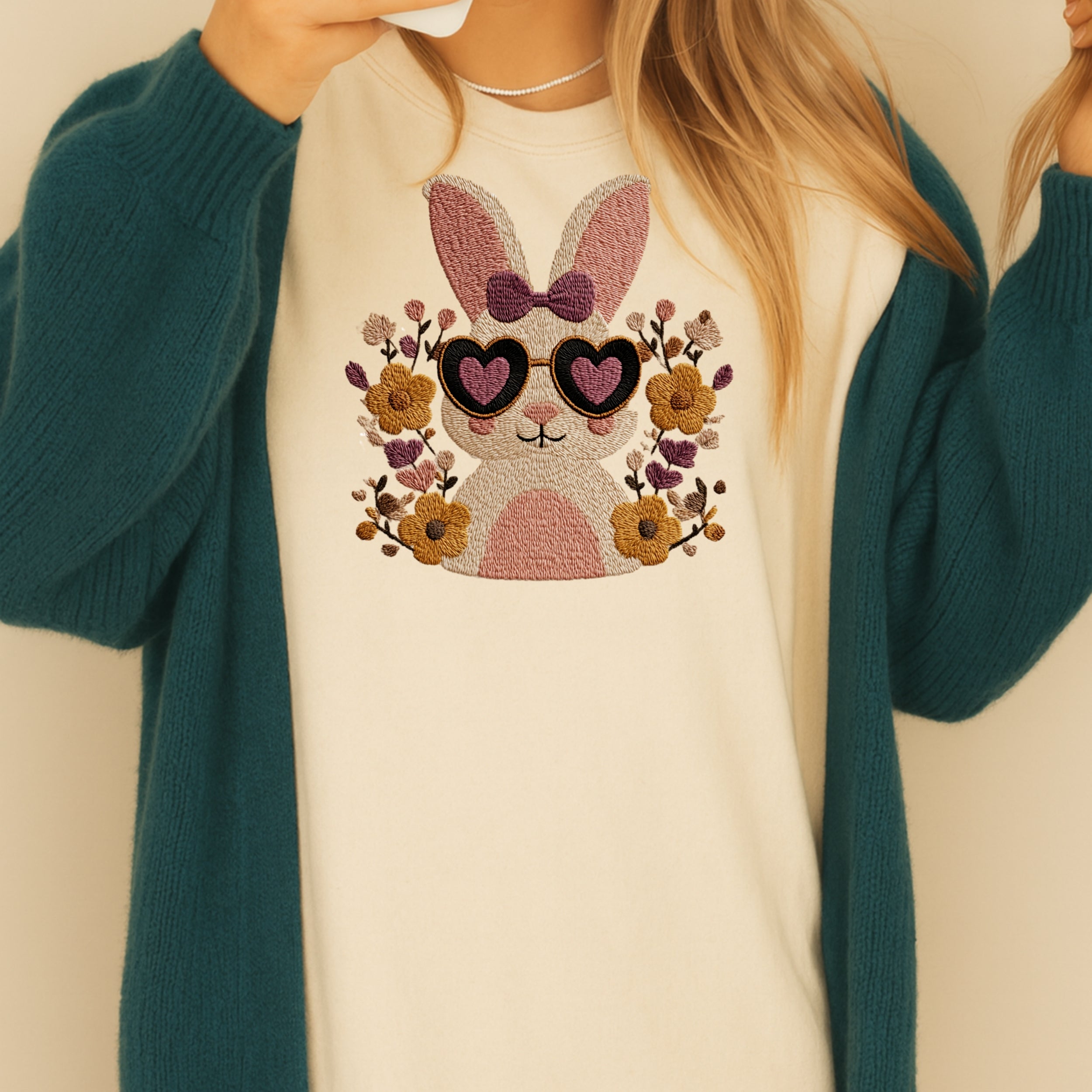 Cute Bunny with Heart Glasses Embroidered Sweater