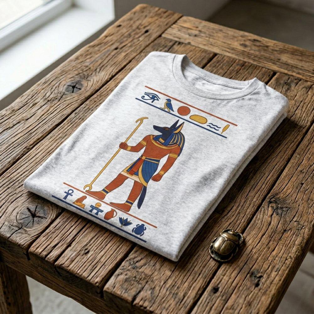 Grey t-shirt with Anubis illustration and Egyptian hieroglyphs.
