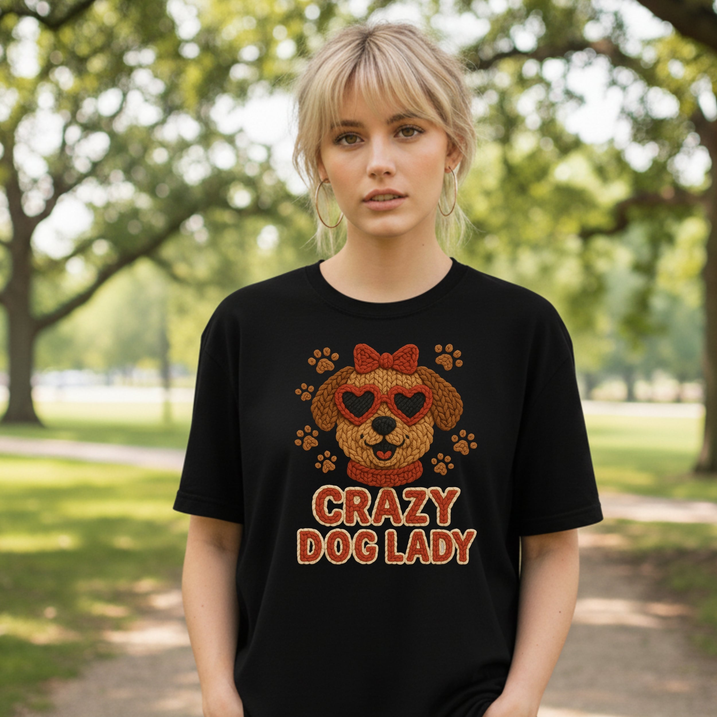 Black t-shirt with "Crazy Dog Lady" text and a dog face graphic.