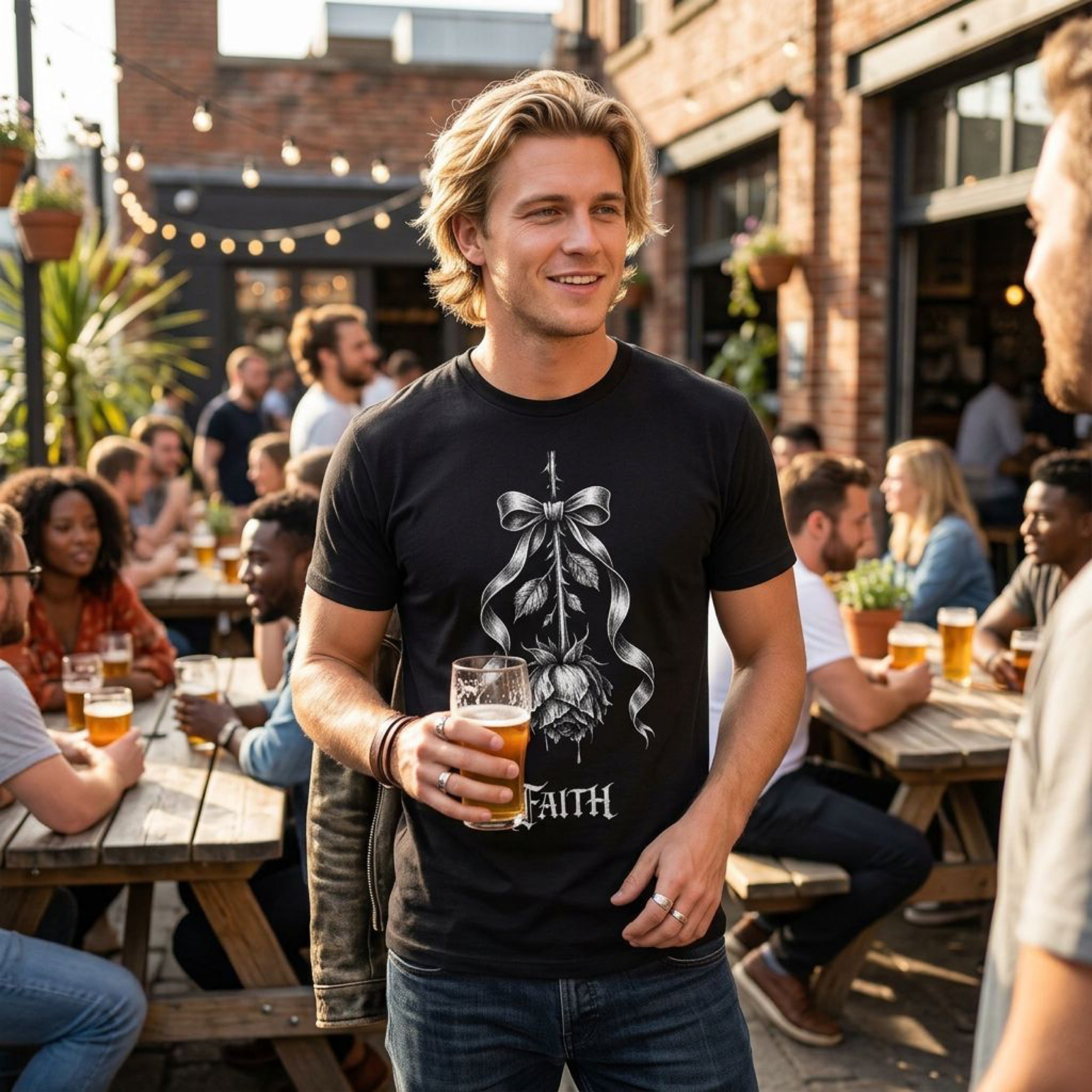 Man wearing a black t-shirt with a rose and sword graphic and "FAITH" text.