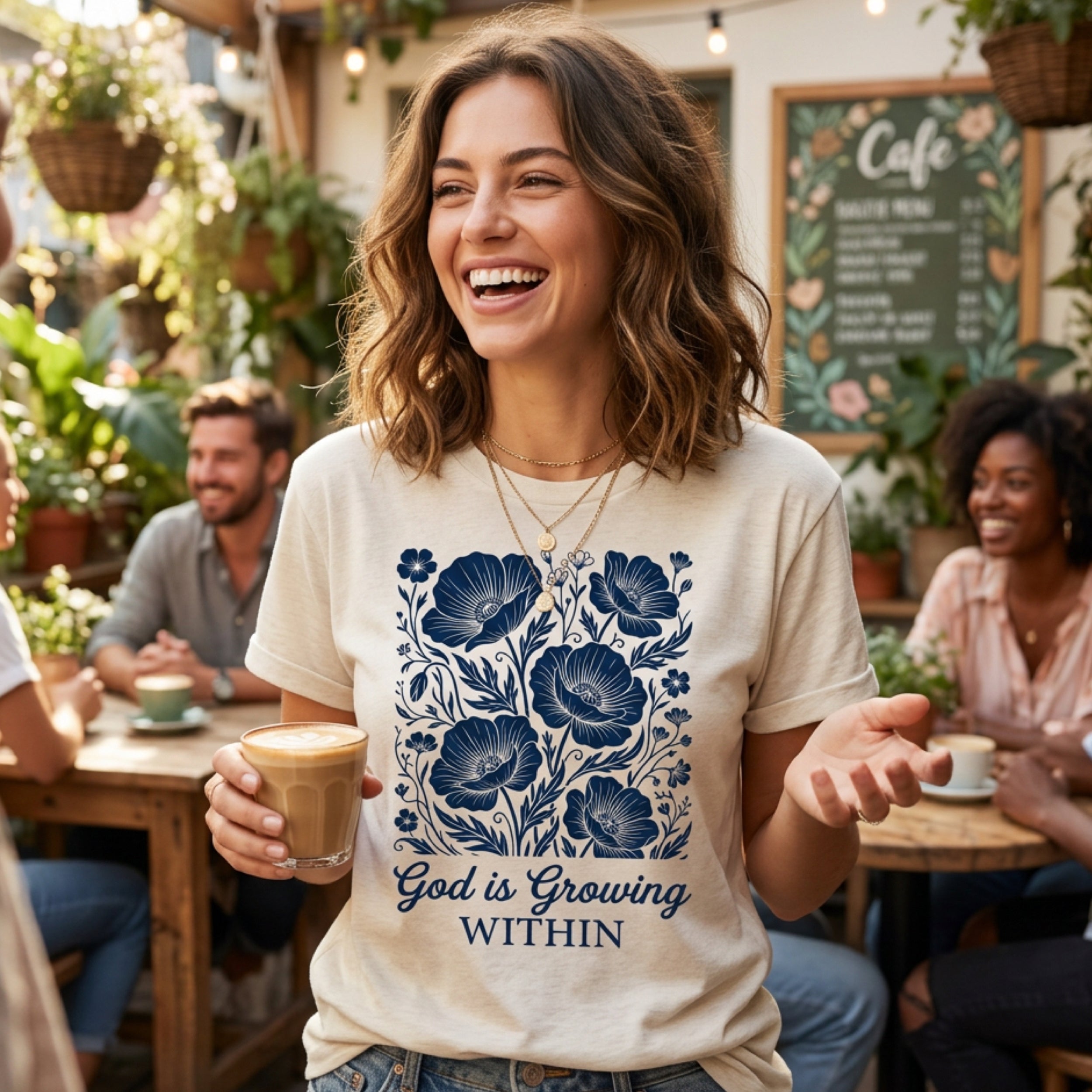 Cream t-shirt with navy floral design and text "God is Growing Within".