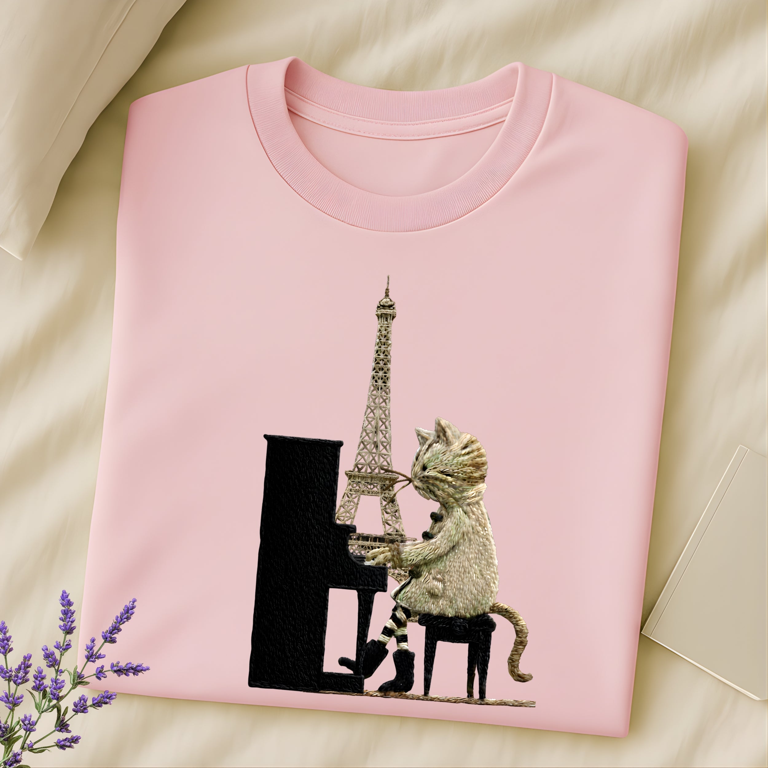 Cat Playing Piano Near Eiffel Tower Graphic Shirt