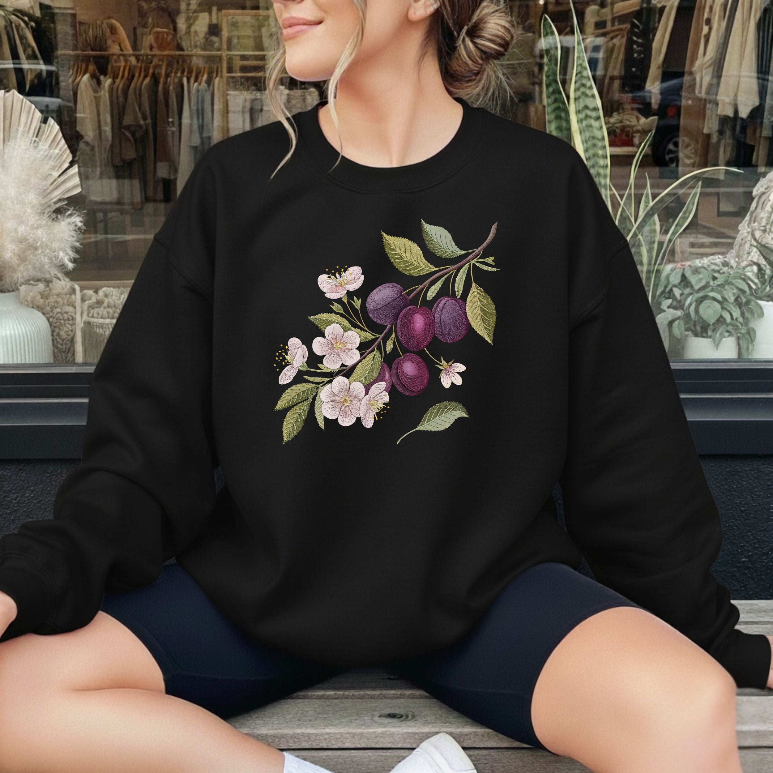 Floral and Plum Illustration Black Sweatshirt