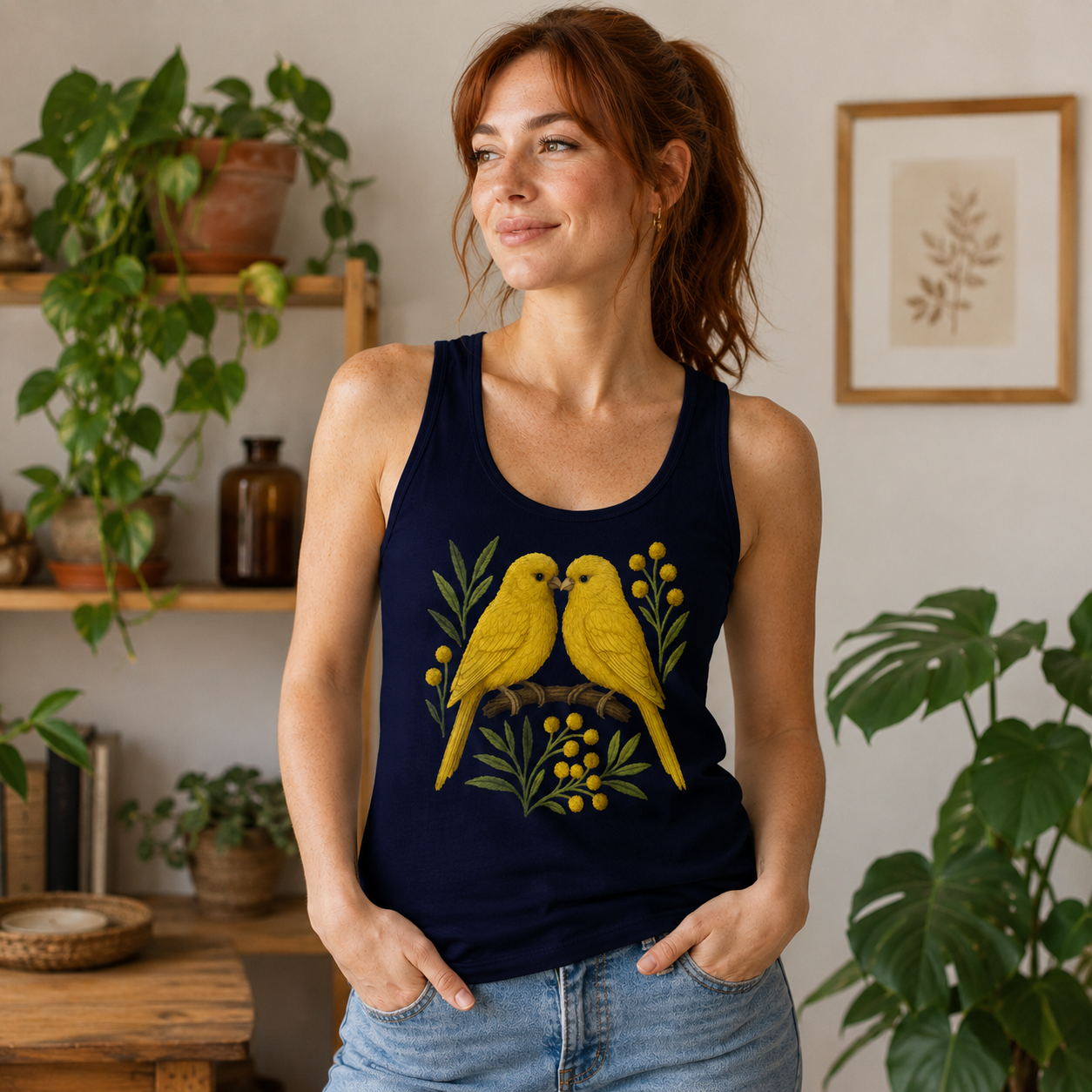 Woman wearing navy tank top with yellow birds and berries graphic.