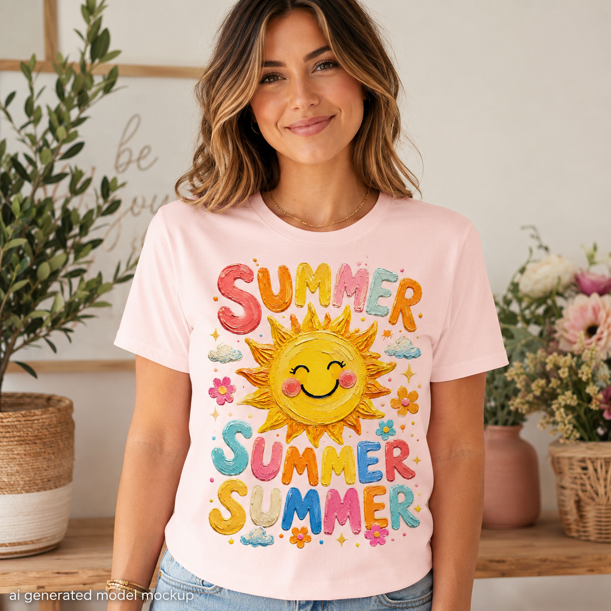 Pink t-shirt with "SUMMER SUMMER" text and a smiling sun graphic.