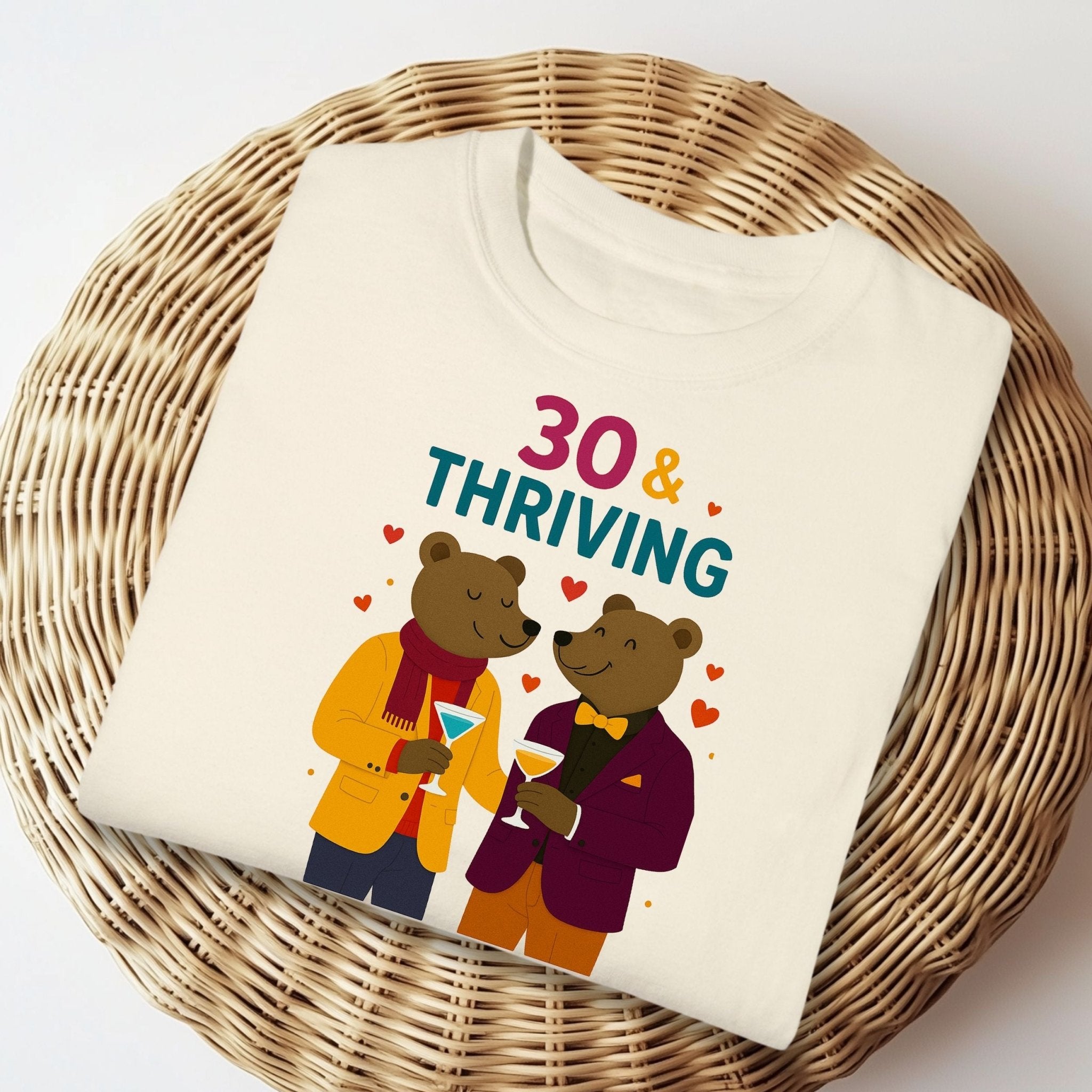 30 & Thriving Tee, Gay Bear Couple T-Shirt, Embroidered Style 30th Birthday Shirt, LGBTQ Pride Gift for Him, Milestone Celebration Top - Craig Michael Design