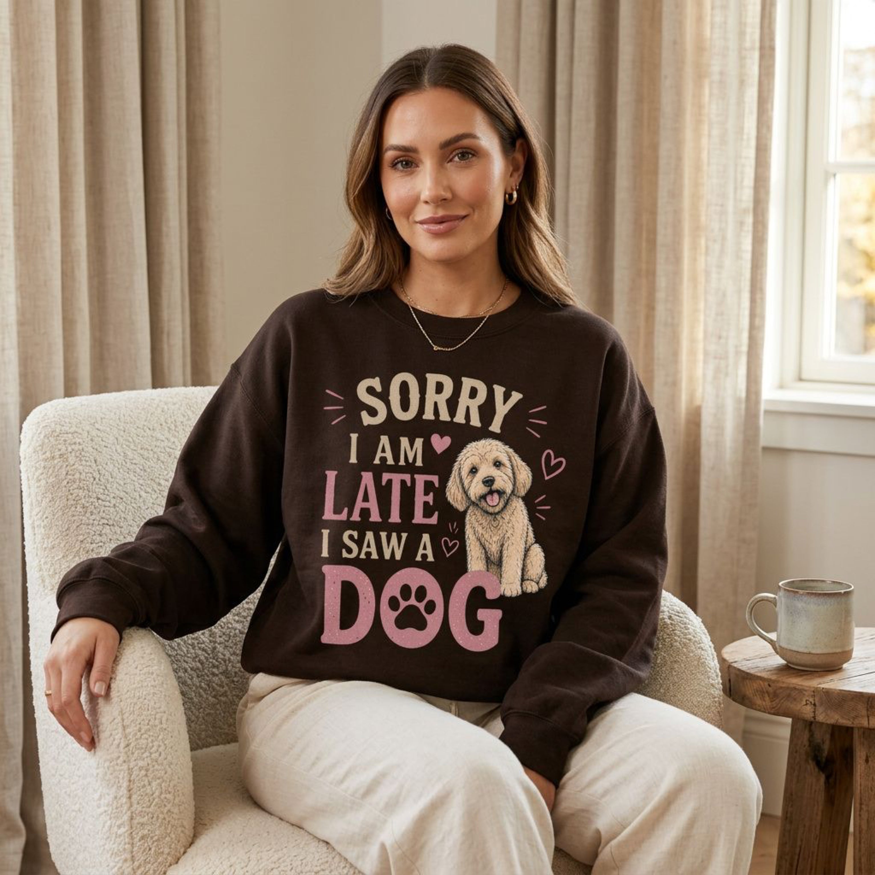 Brown sweatshirt with "Sorry I Am Late I Saw a Dog" and dog graphic.
