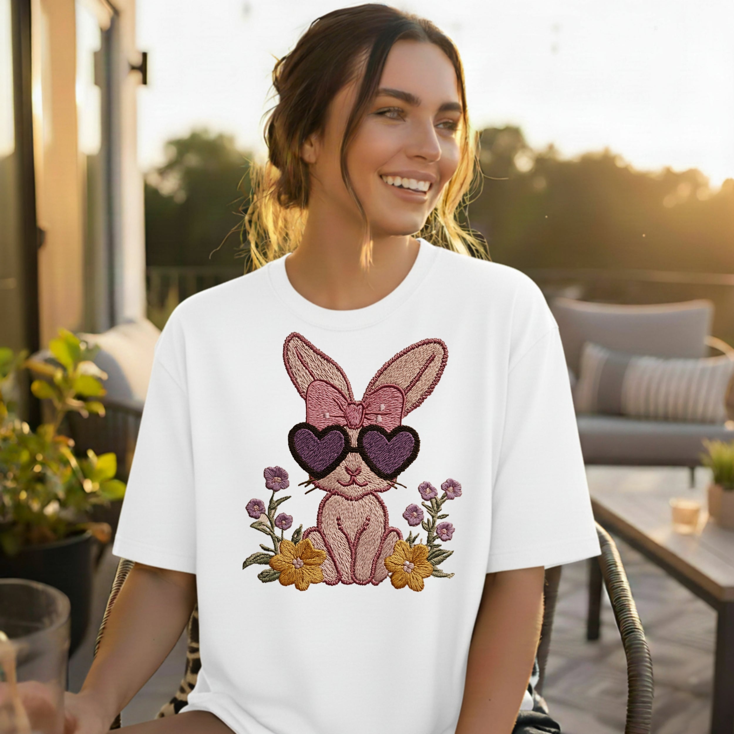 Cute Bunny with Sunglasses Embroidered Shirt