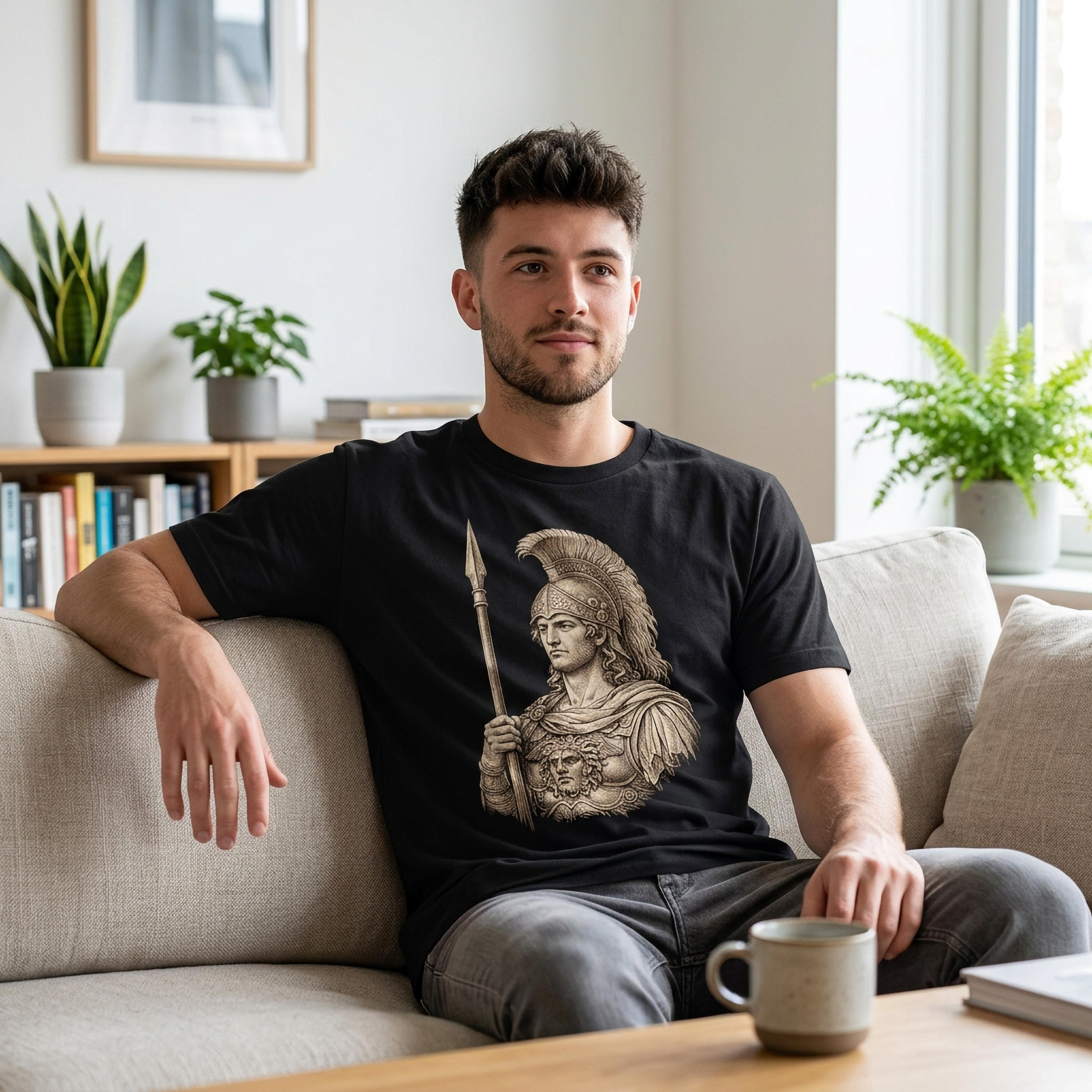 Man wearing a black t-shirt with a vintage illustration of Athena.