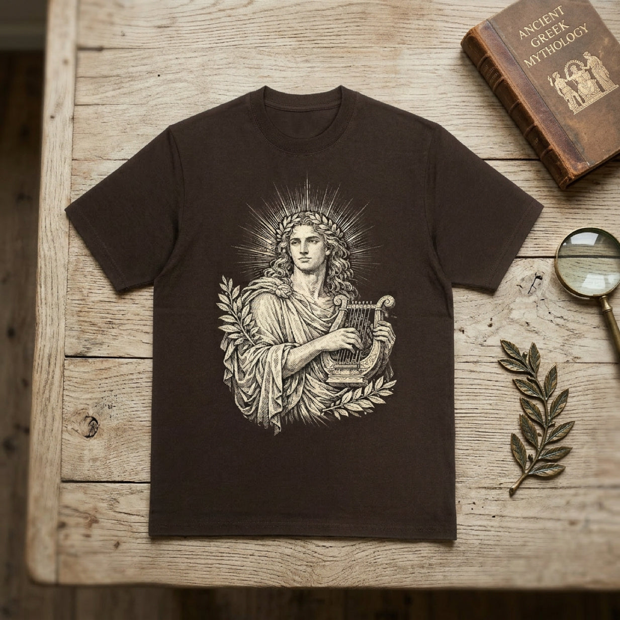 Dark brown t-shirt with Apollo playing a lyre and radiating light.