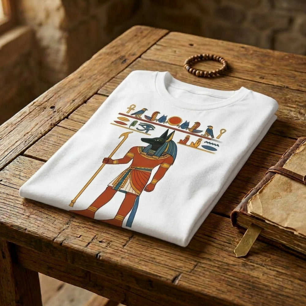 White t-shirt with Anubis and Egyptian hieroglyphs.