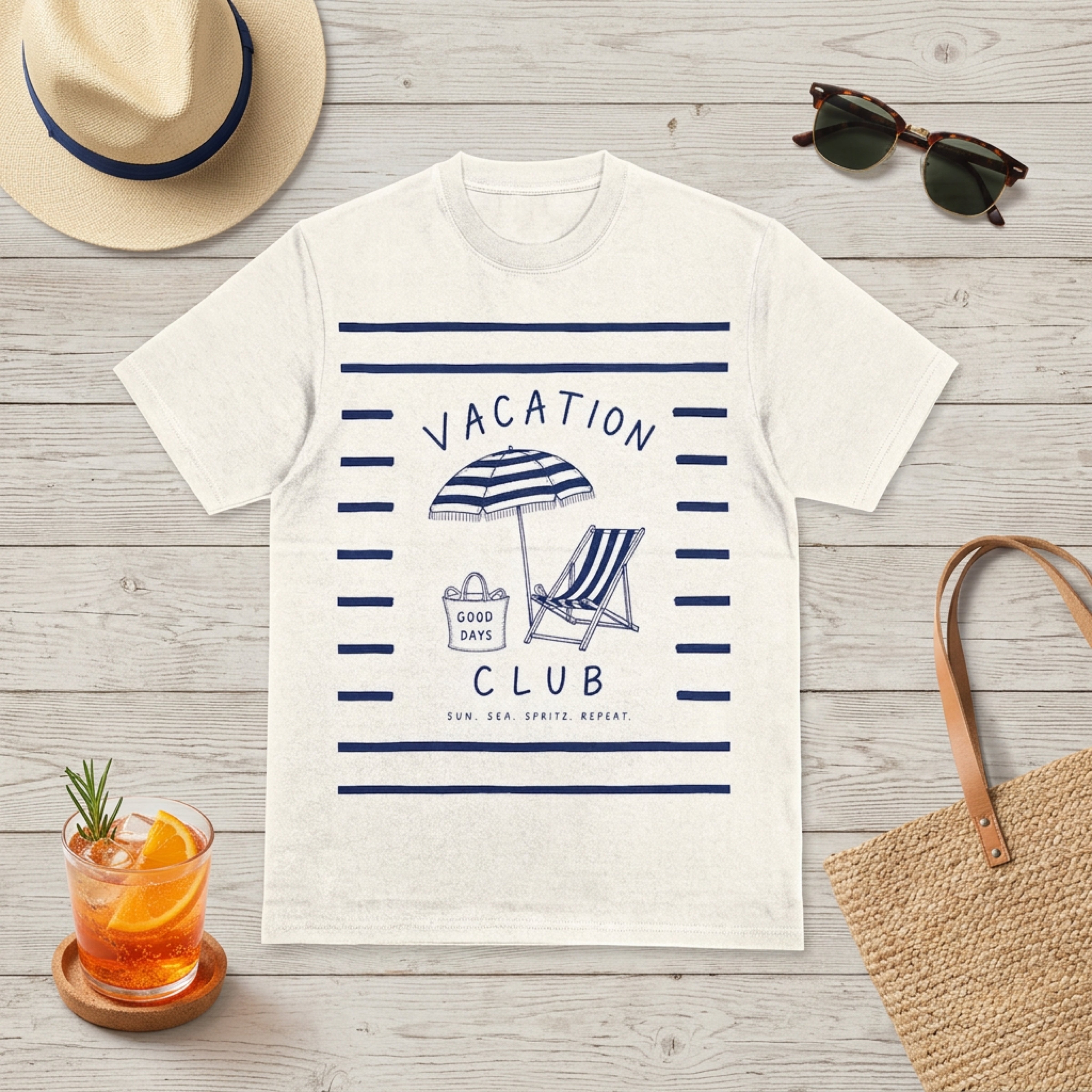T-shirt with vacation theme: beach chair, umbrella, bag, and text.