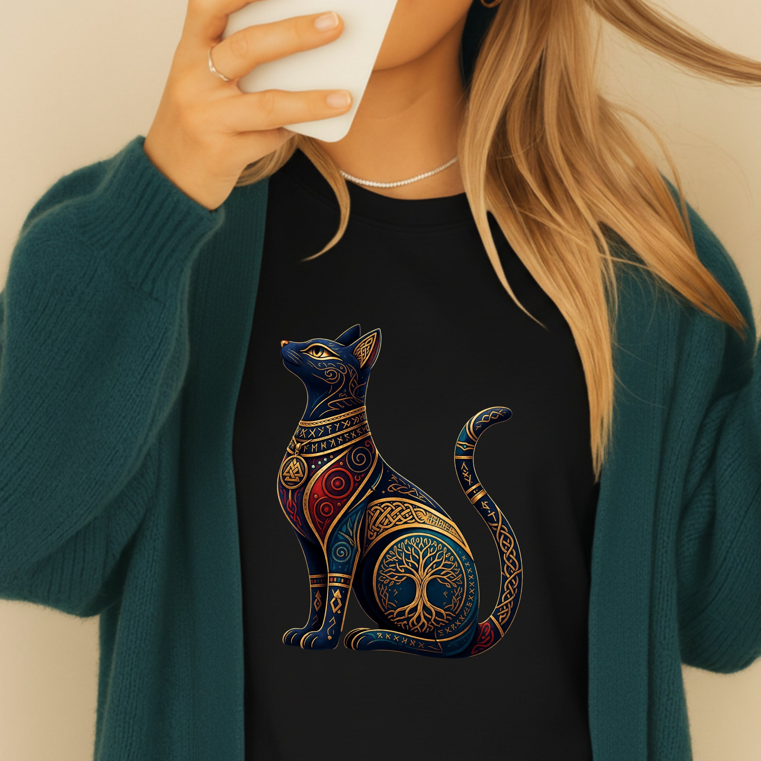 Black t-shirt with a colorful, ornate cat and tree of life design.
