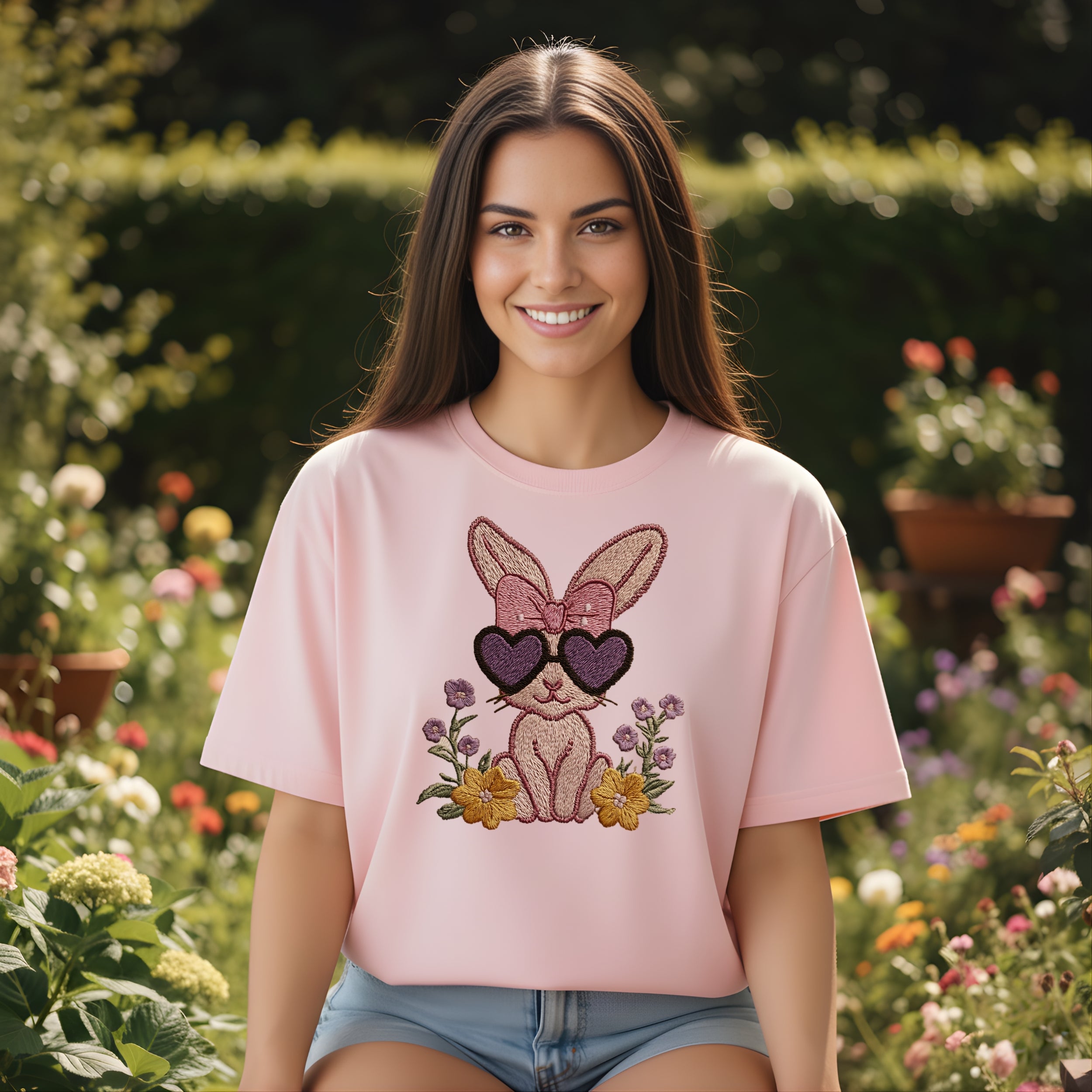 Cute Bunny with Heart Glasses Graphic T-shirt