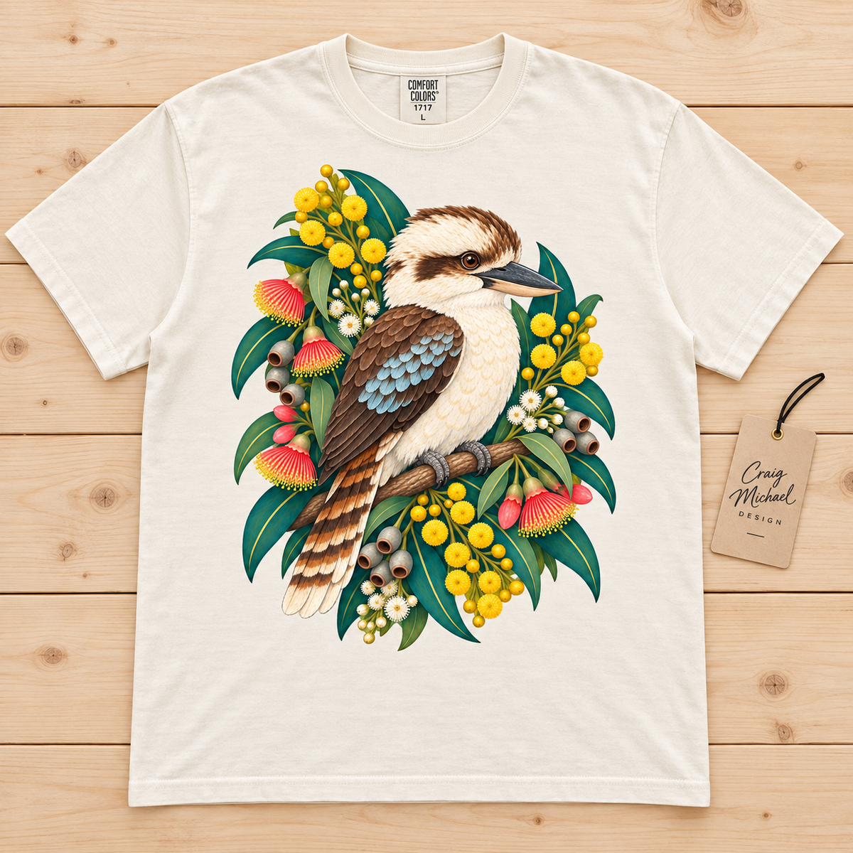 Kookaburra perched on a branch surrounded by native Australian flowers and foliage.