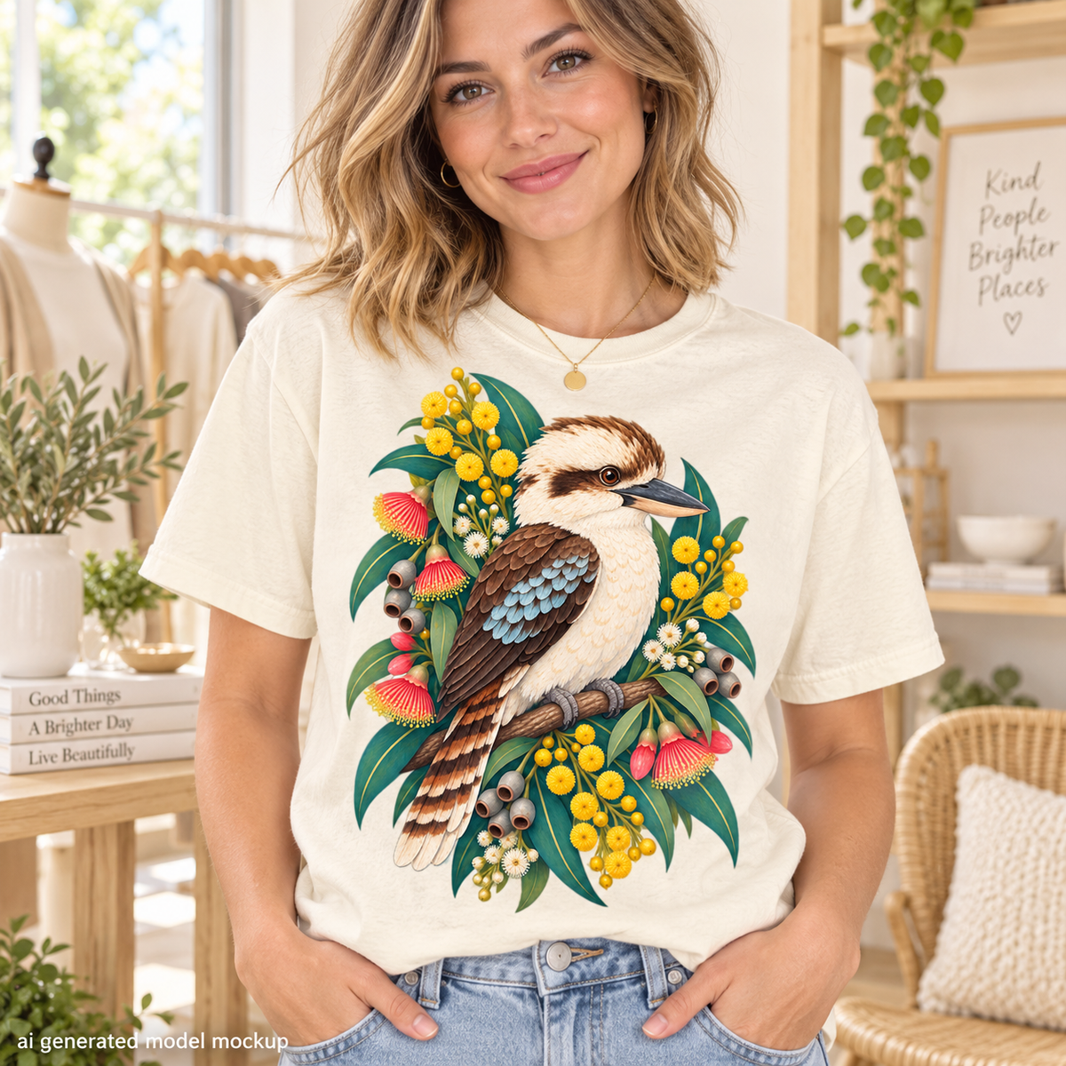 Cream t-shirt with a kookaburra and Australian flora graphic on the chest.