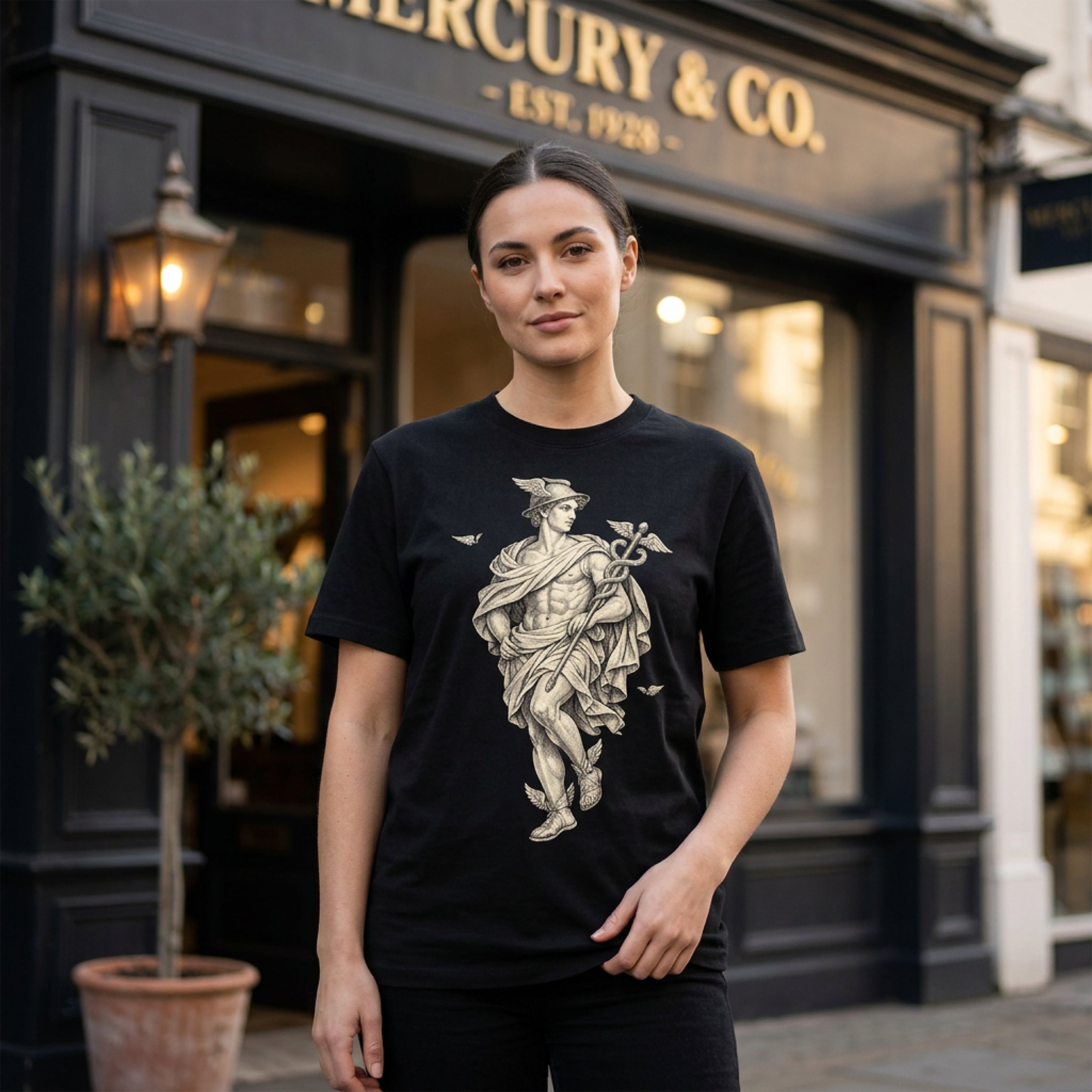 Black t-shirt with mythological Mercury graphic, worn by a woman.