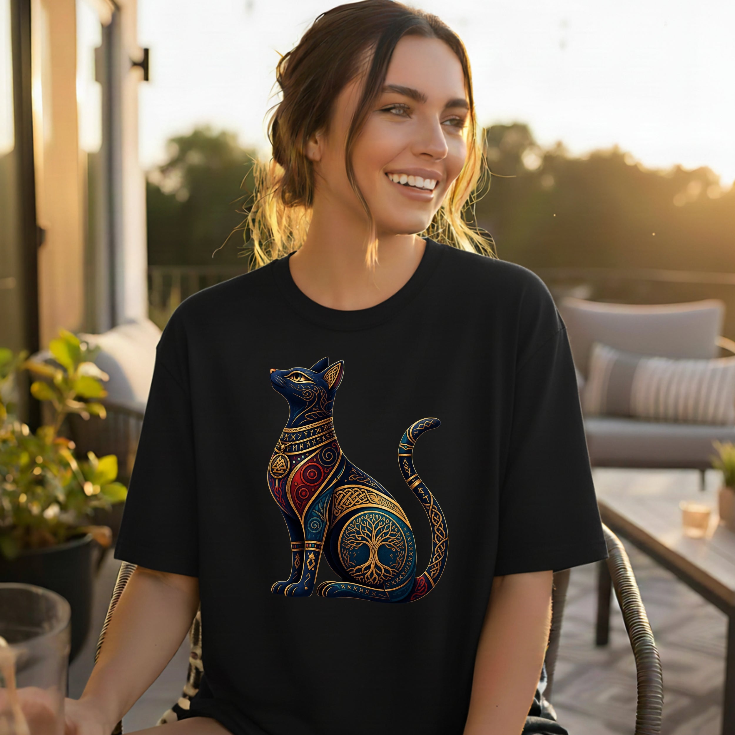 Black t-shirt with a golden, ornate Celtic tree of life and cat design.