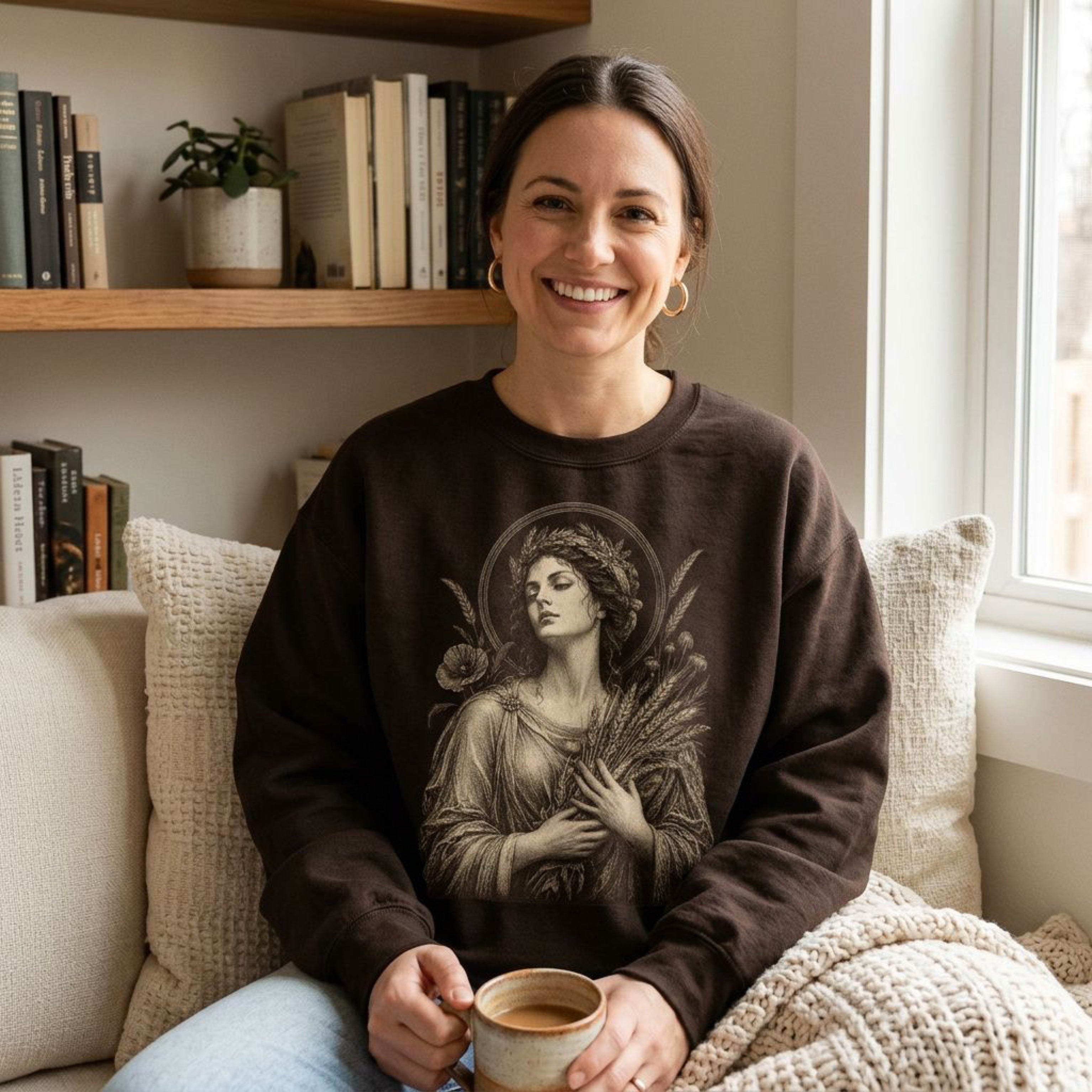 Woman in brown sweatshirt with classical illustration of a woman holding wheat.
