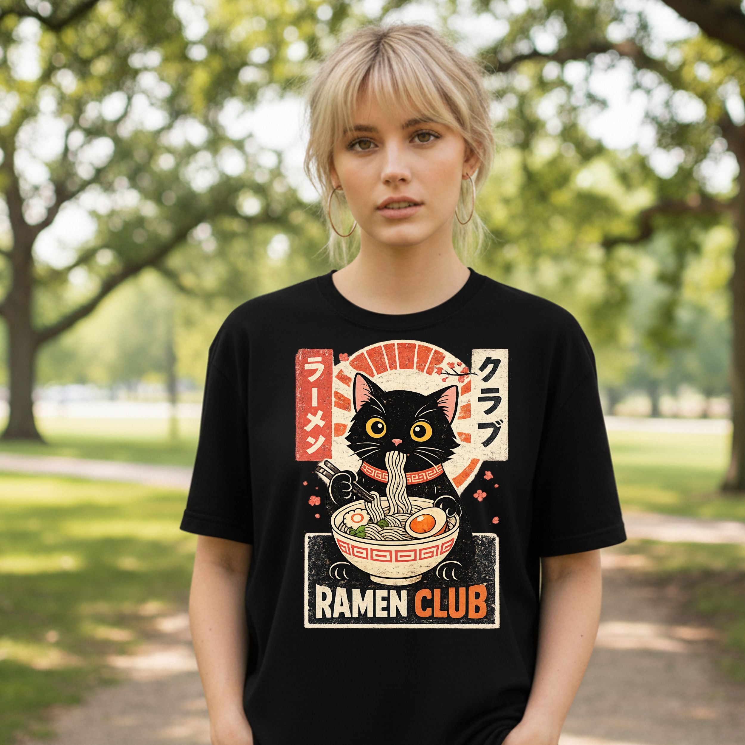 Cute Black Cat Ramen Club Japanese Graphic T-shirt
