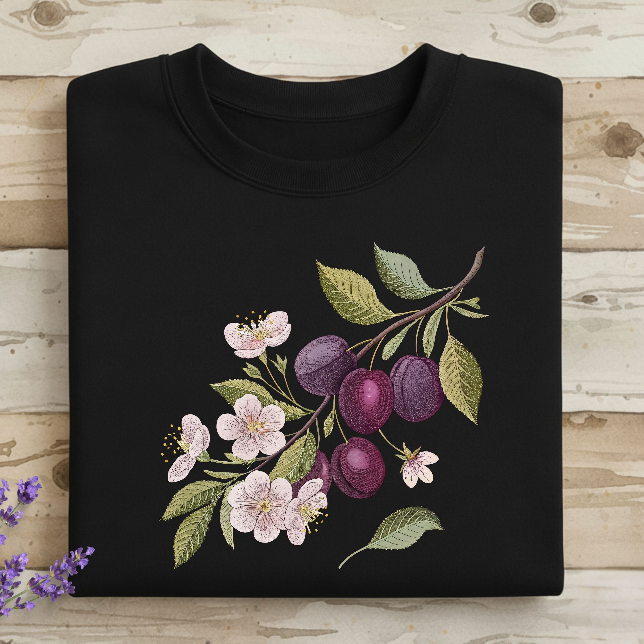 Black T-Shirt with Plum and Floral Design Pattern