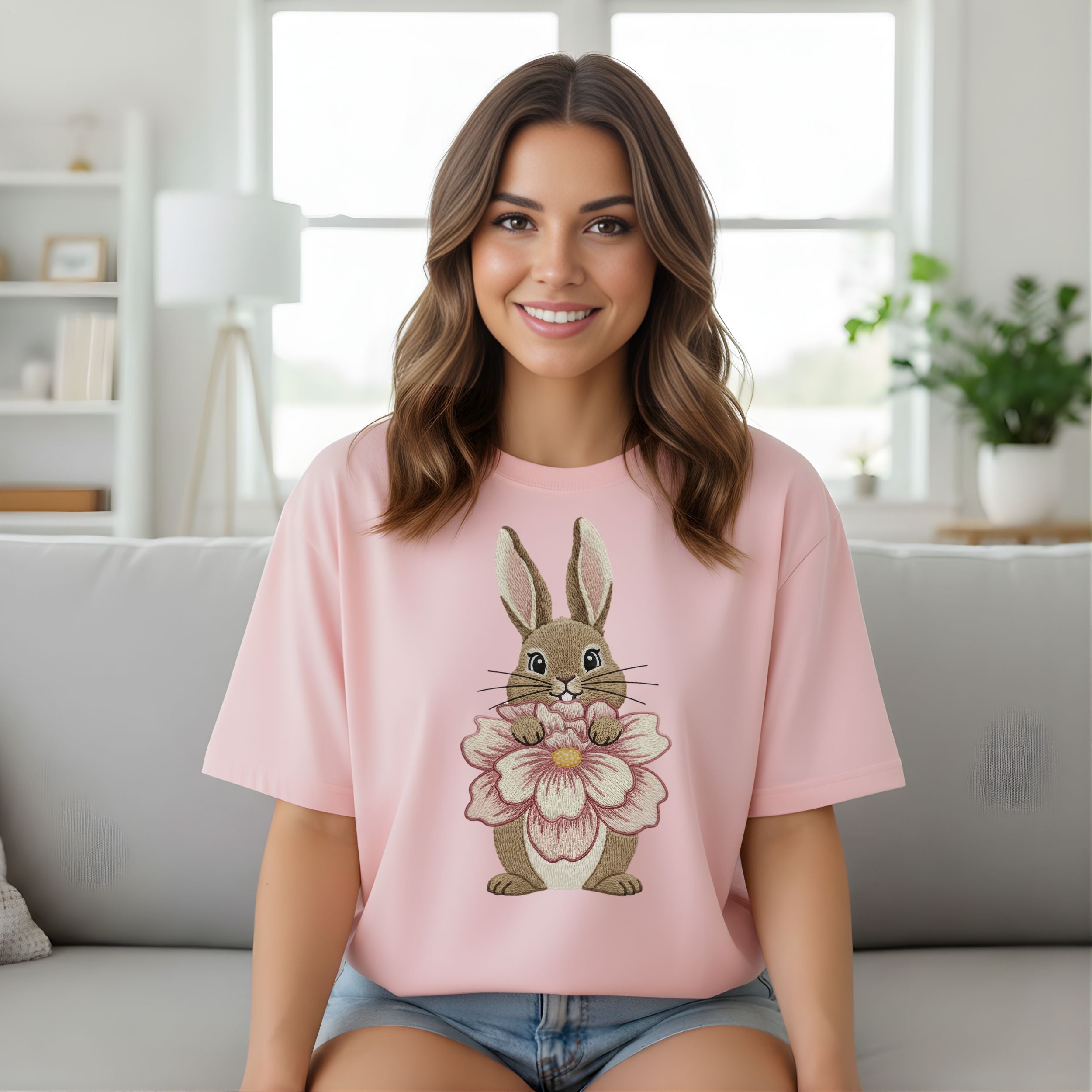 Cute Bunny Holding Flower Graphic Tee Shirt