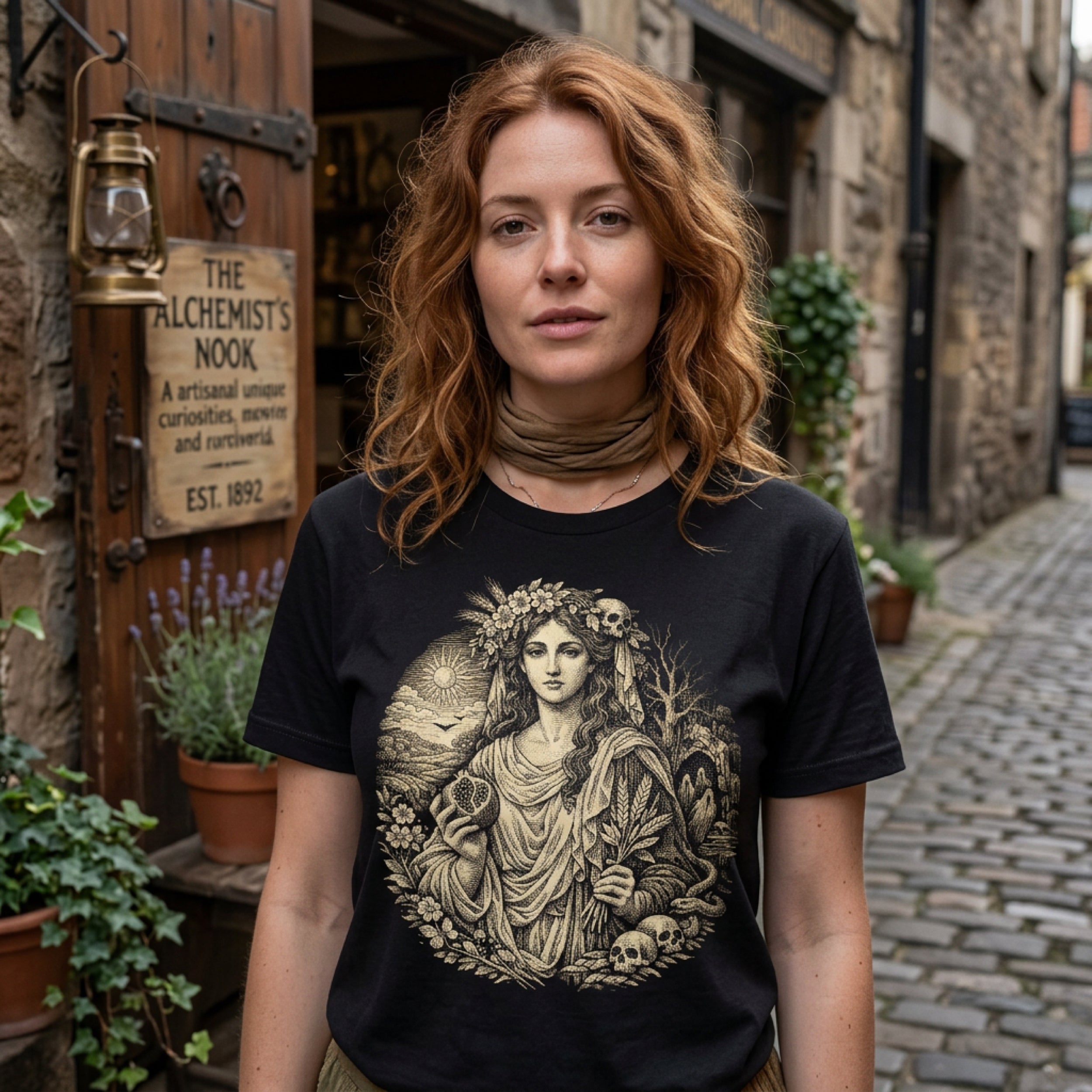 Black t-shirt with a circular mythological illustration and "The Alchemist's Nook EST. 1892" text.