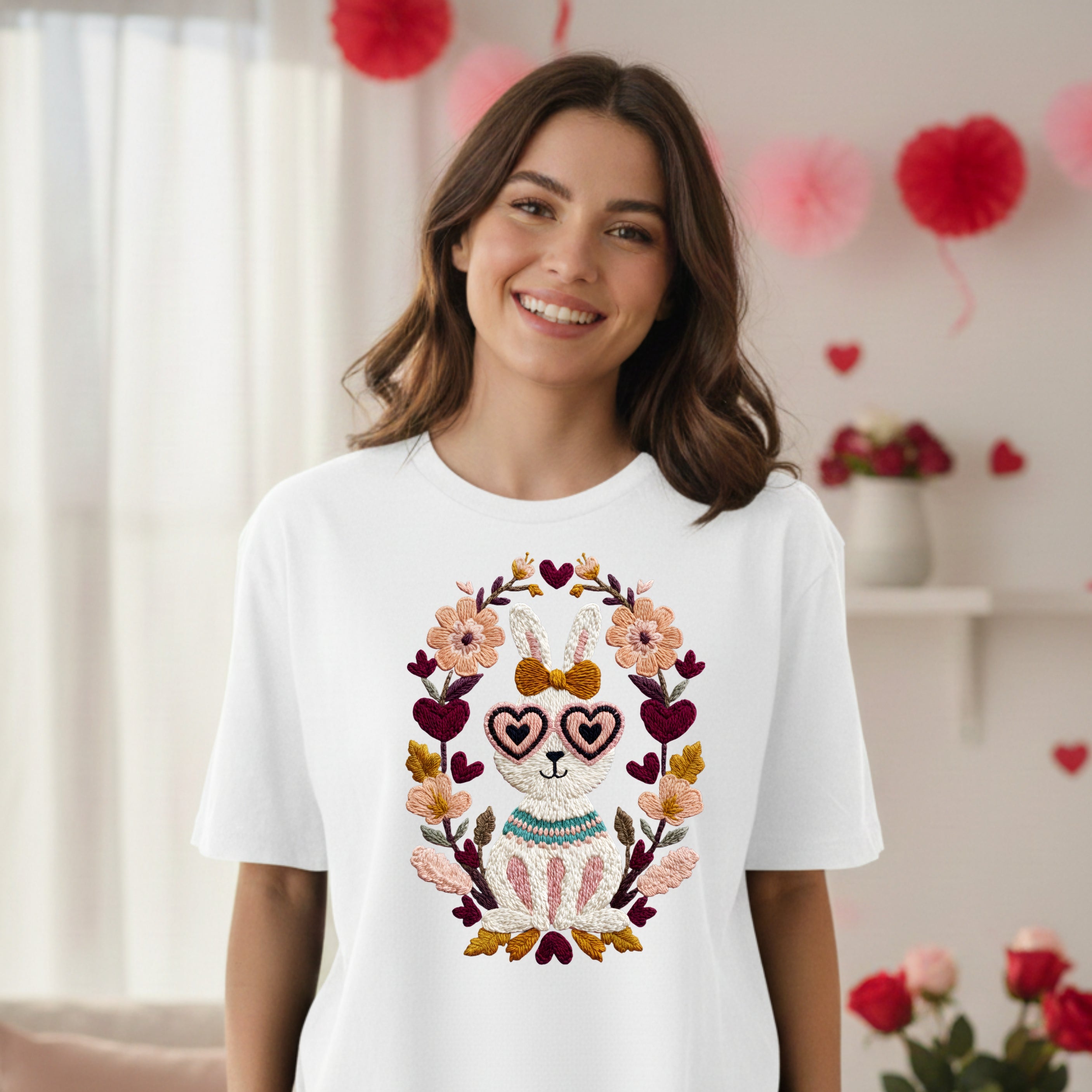 Bunny with Heart Sunglasses and Flowers T-Shirt
