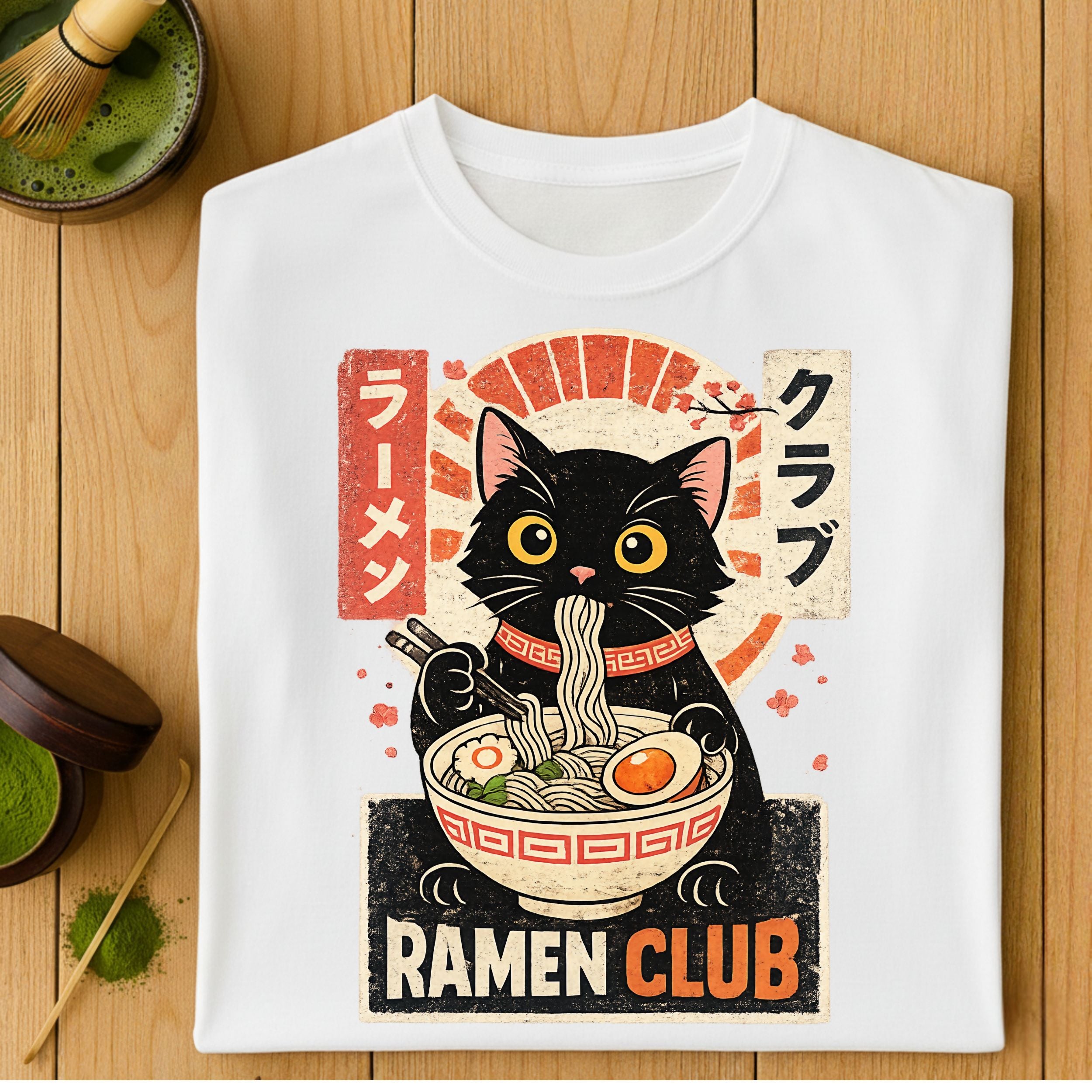 Ramen Club Cat Eating Noodles Graphic T-shirt
