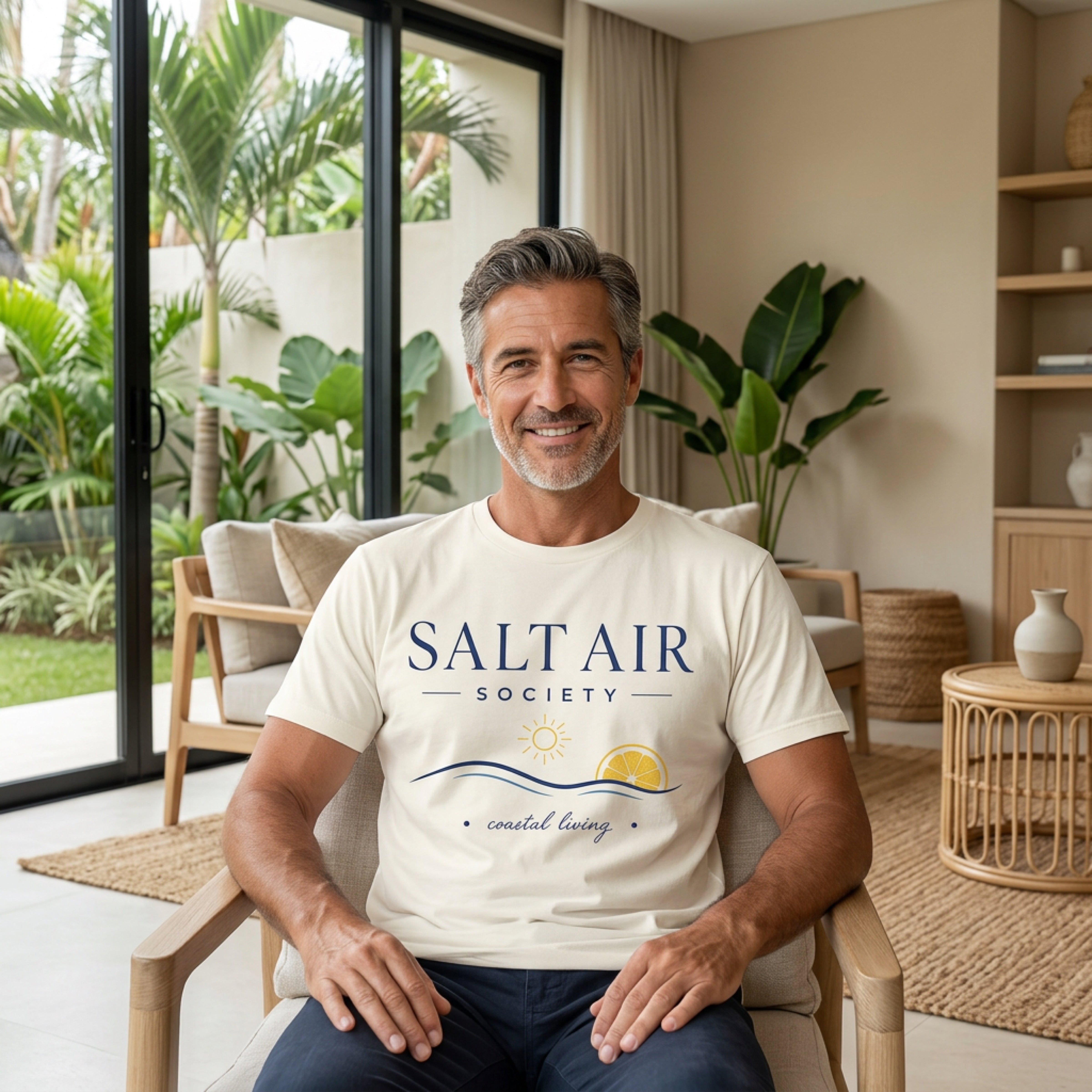 Man wearing a "Salt Air Society" t-shirt with sun and waves graphic.