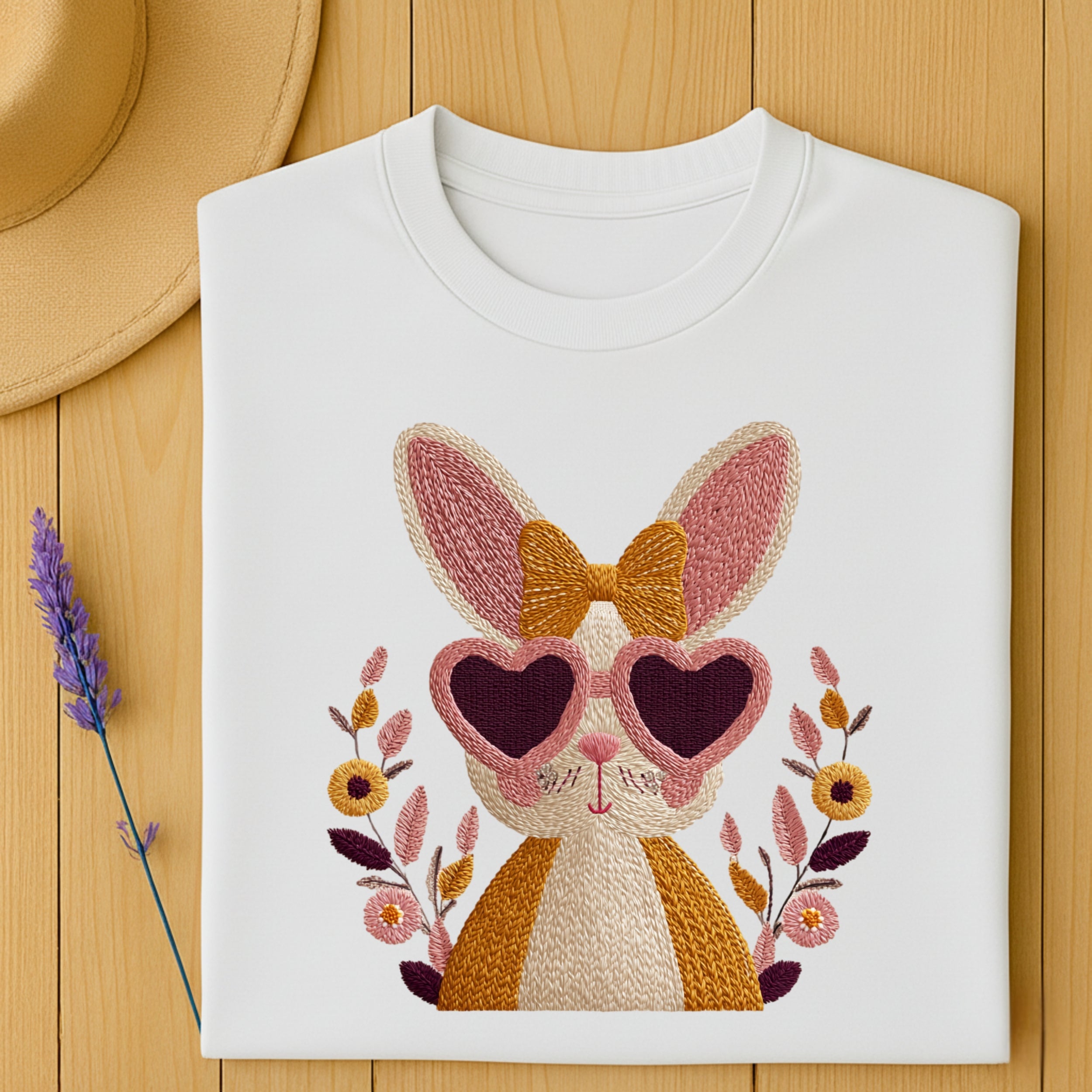 Cute Bunny with Heart Glasses Embroidered Shirt
