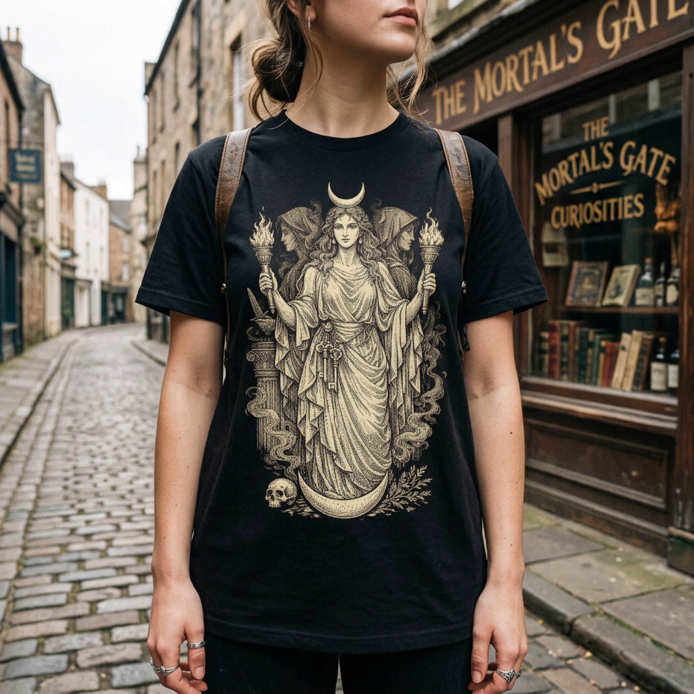 Black t-shirt with a celestial goddess design, moon, and skull.