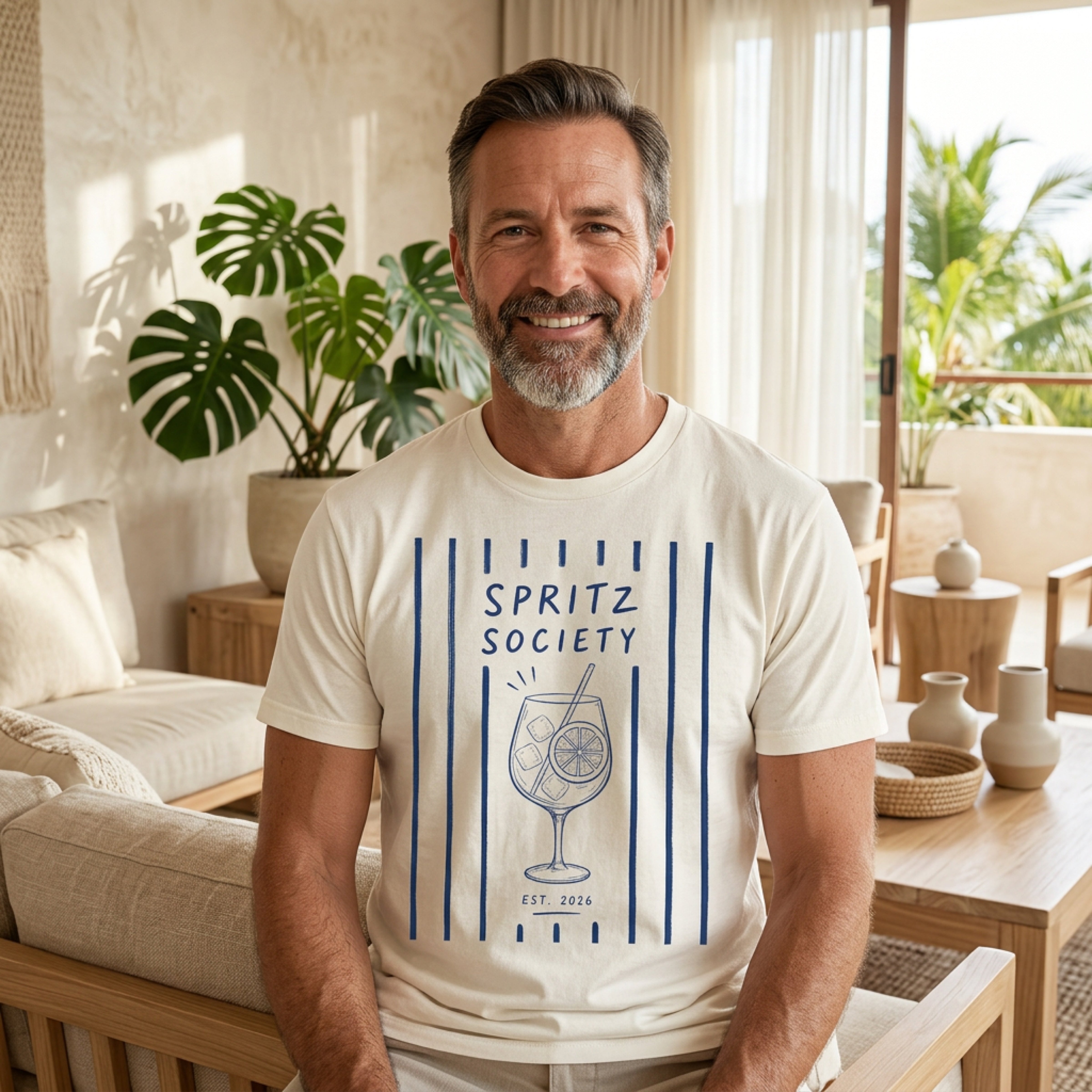 Man wearing a cream t-shirt with a blue striped design and "Spritz Society" text.