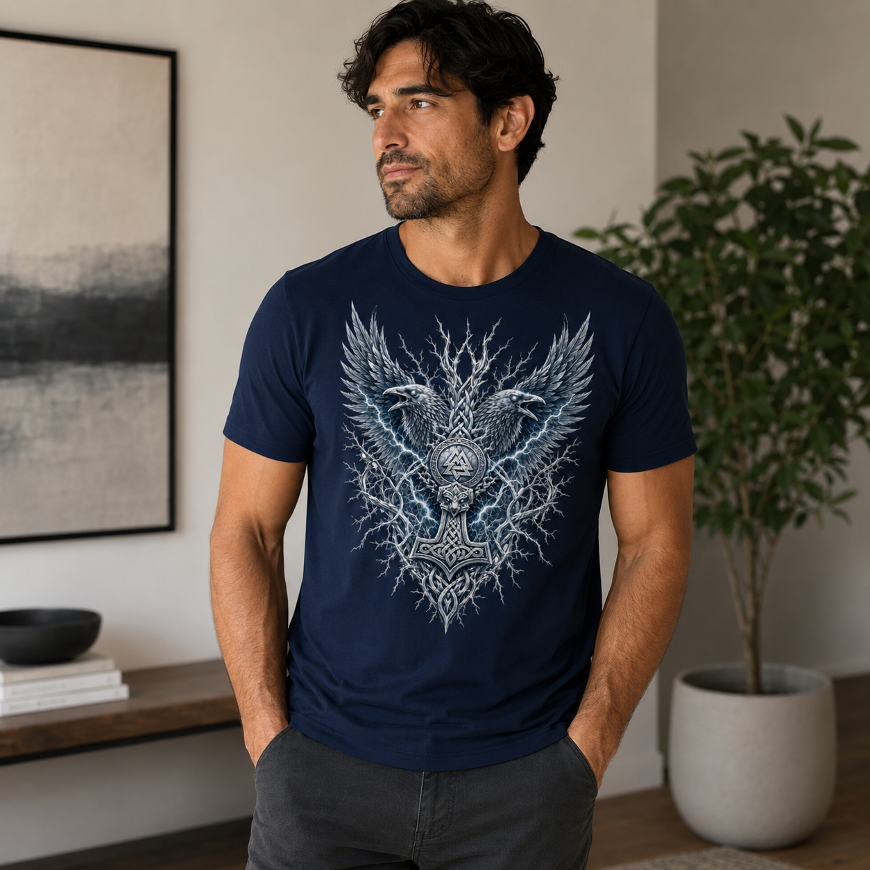 Man wearing navy t-shirt with Thor's Hammer and eagle design.
