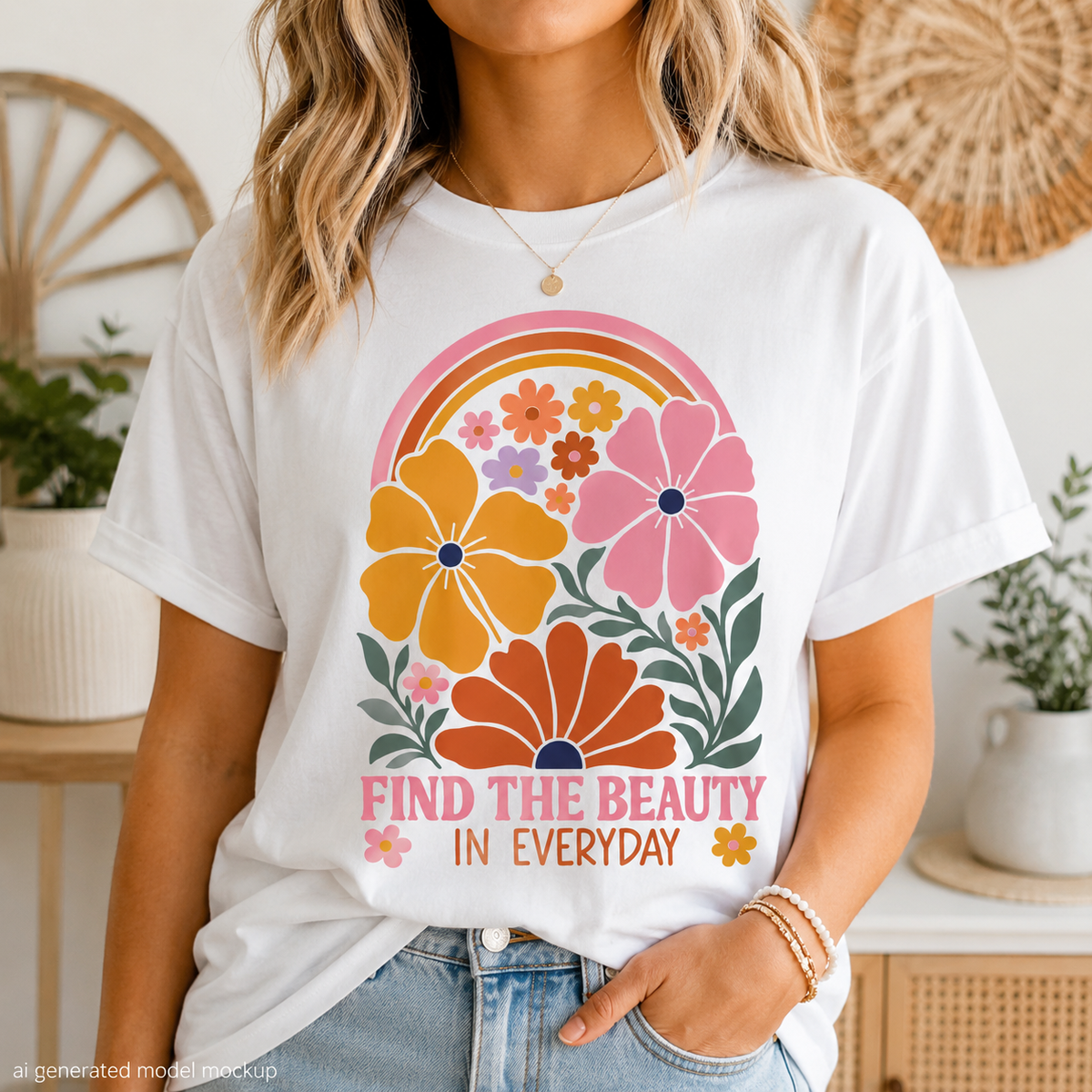 White t-shirt with floral graphic and text "FIND THE BEAUTY IN EVERYDAY".